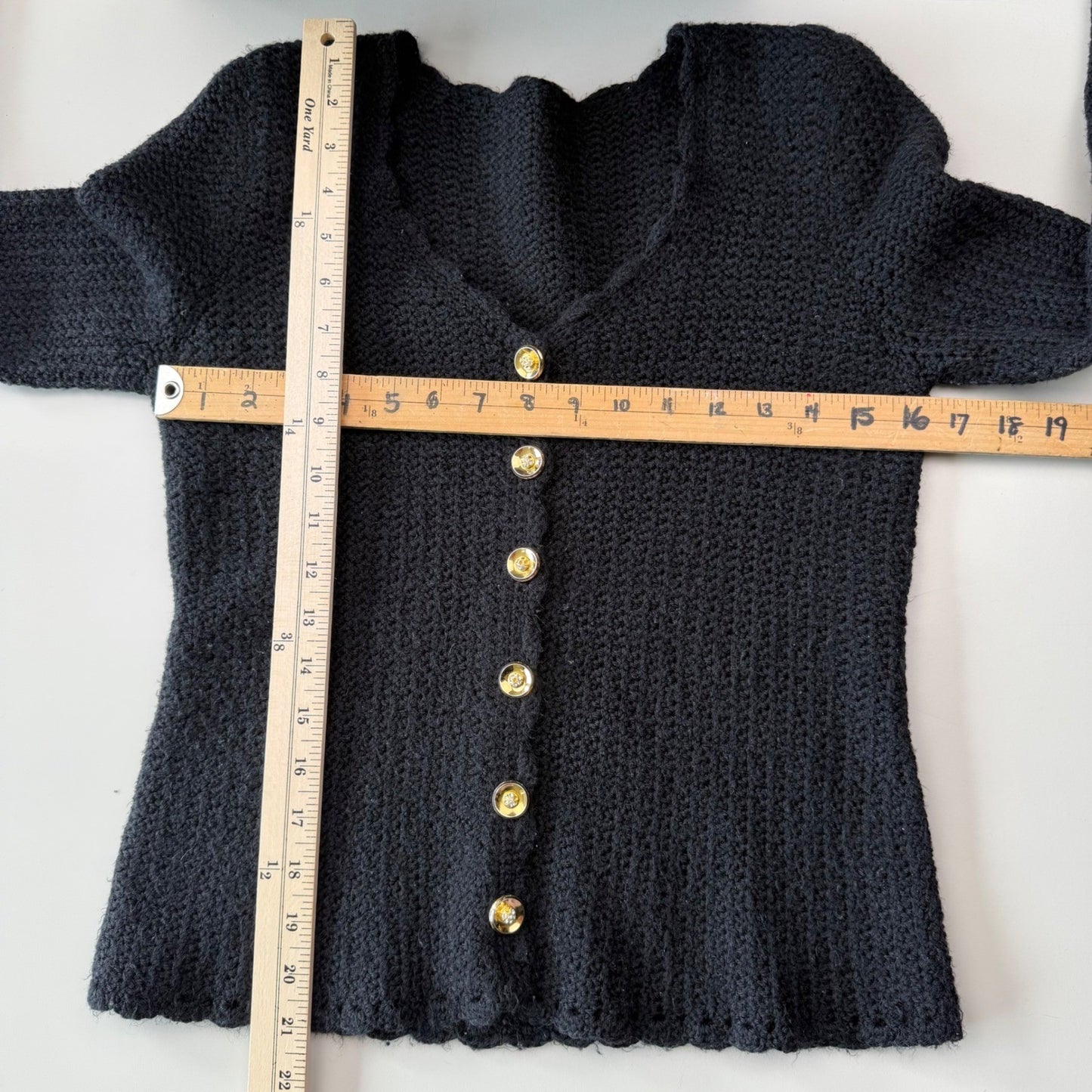 Handmade Vintage Crochet Cardigan Gold Rhinestone Buttons Coquette Black Small