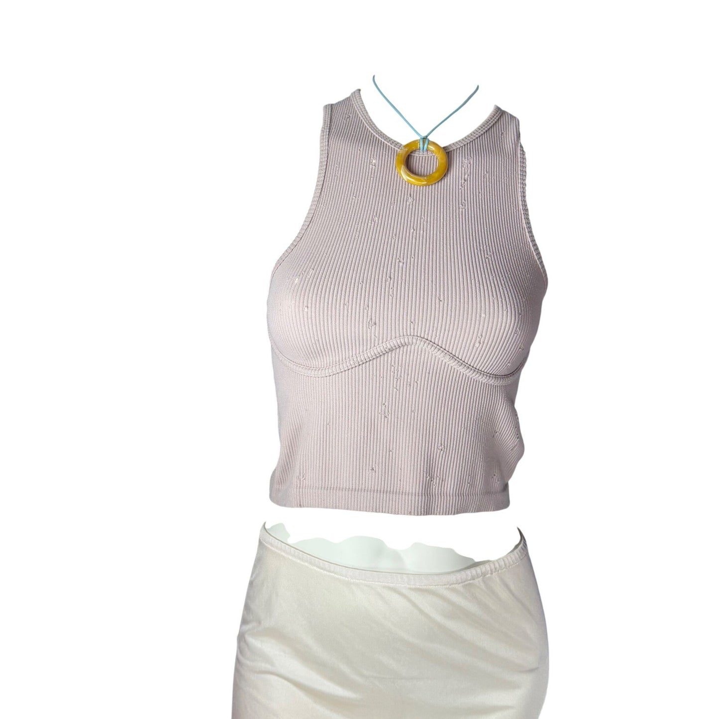 Vintage Handmade Slip + Distressed Ribbed Crop Top - Statement Necklace 3Pc Set