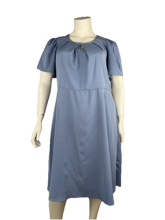 BloomChic Dusty Blue Puff Sleeve Midi Dress Size 14–16 Keyhole Neckline Pockets