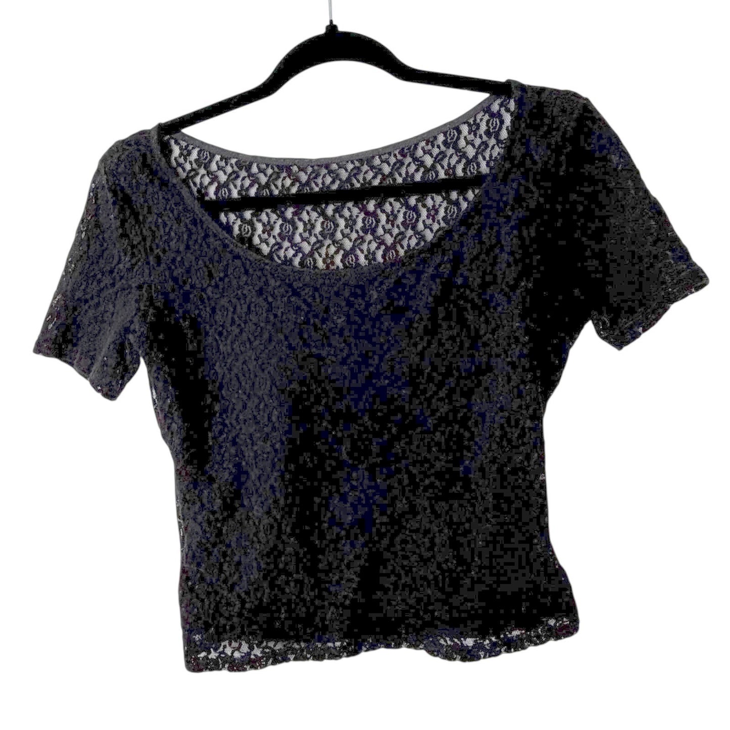 Black Floral Lace Short Sleeve Scoop Neck Cropped Top Blouse whimsigoth Y2K