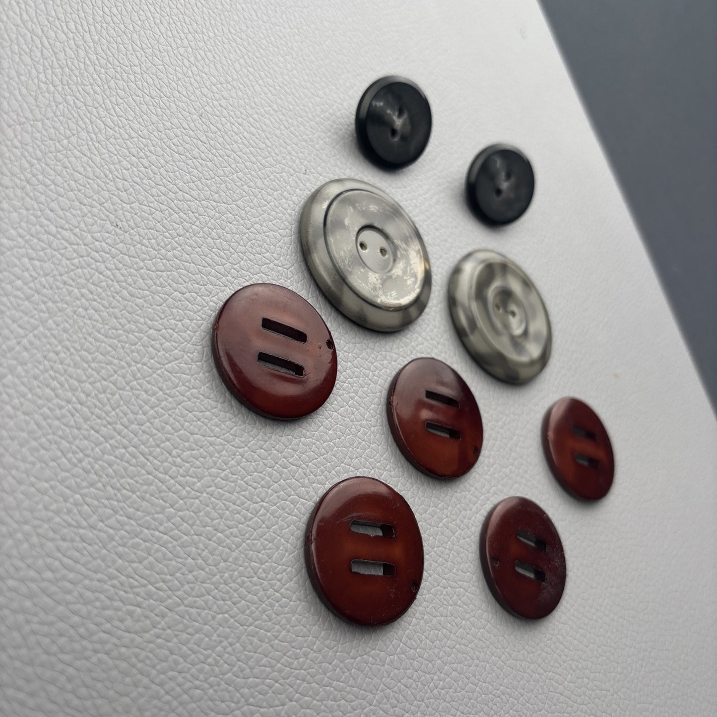 Vintage Casein & Bakelite Buttons Lot | Marbled Gray, Brown Slot, Black Shank