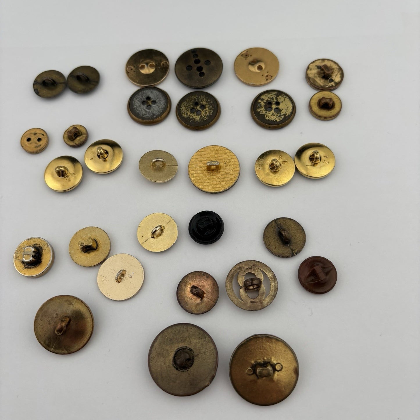 Vintage Brass & Black Button Lot – 29 Enamel Crest, Textured & Etched Designs,