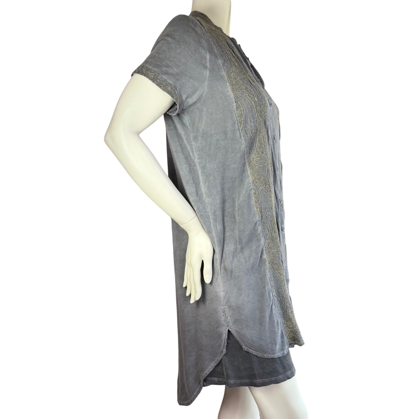 Black Swan Tunic Dress Embroidered Button Front Boho Whimsigoth Grey Gold Large