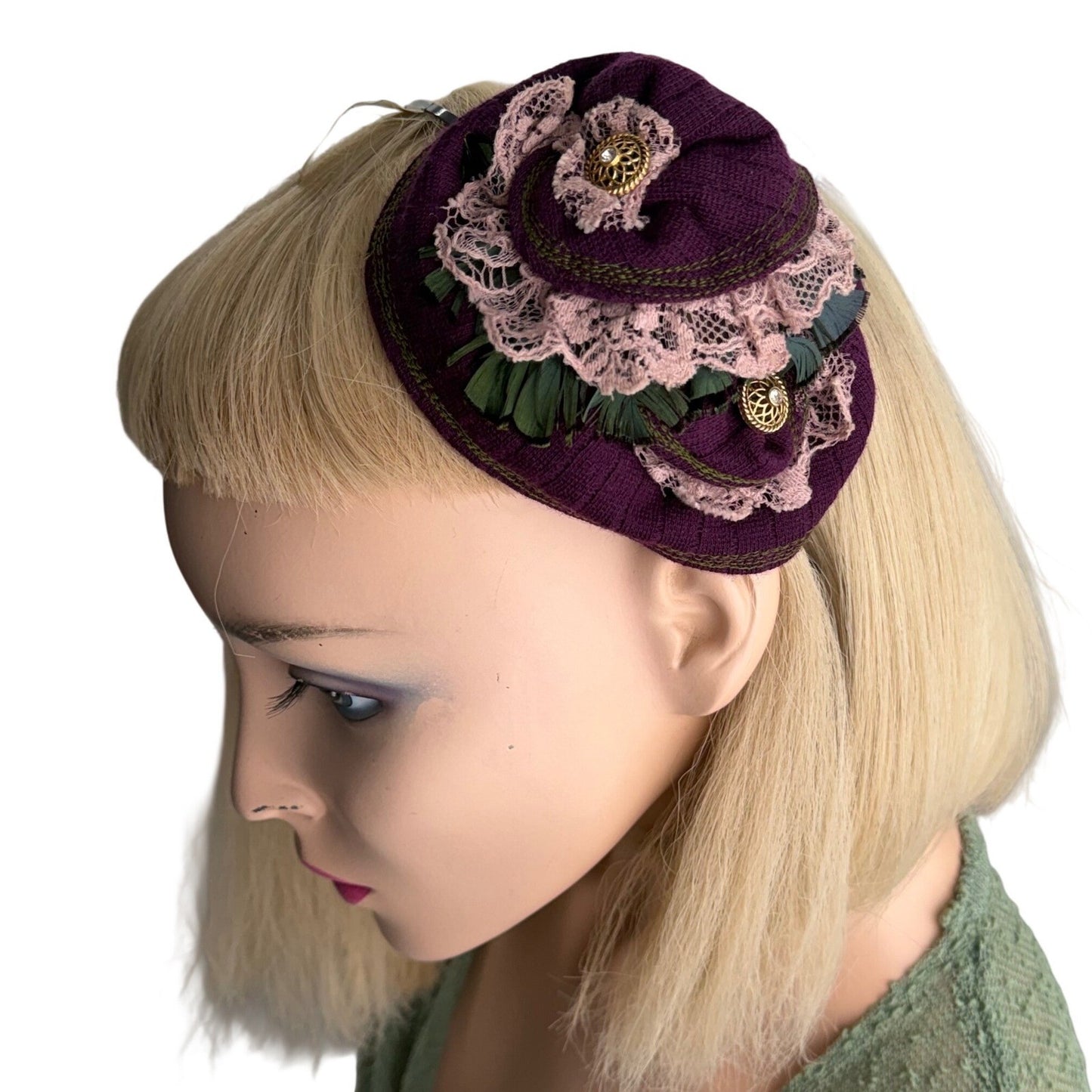Handmade Fascinator Pillbox Style Purple Lace Feather Victorian Steampunk OS