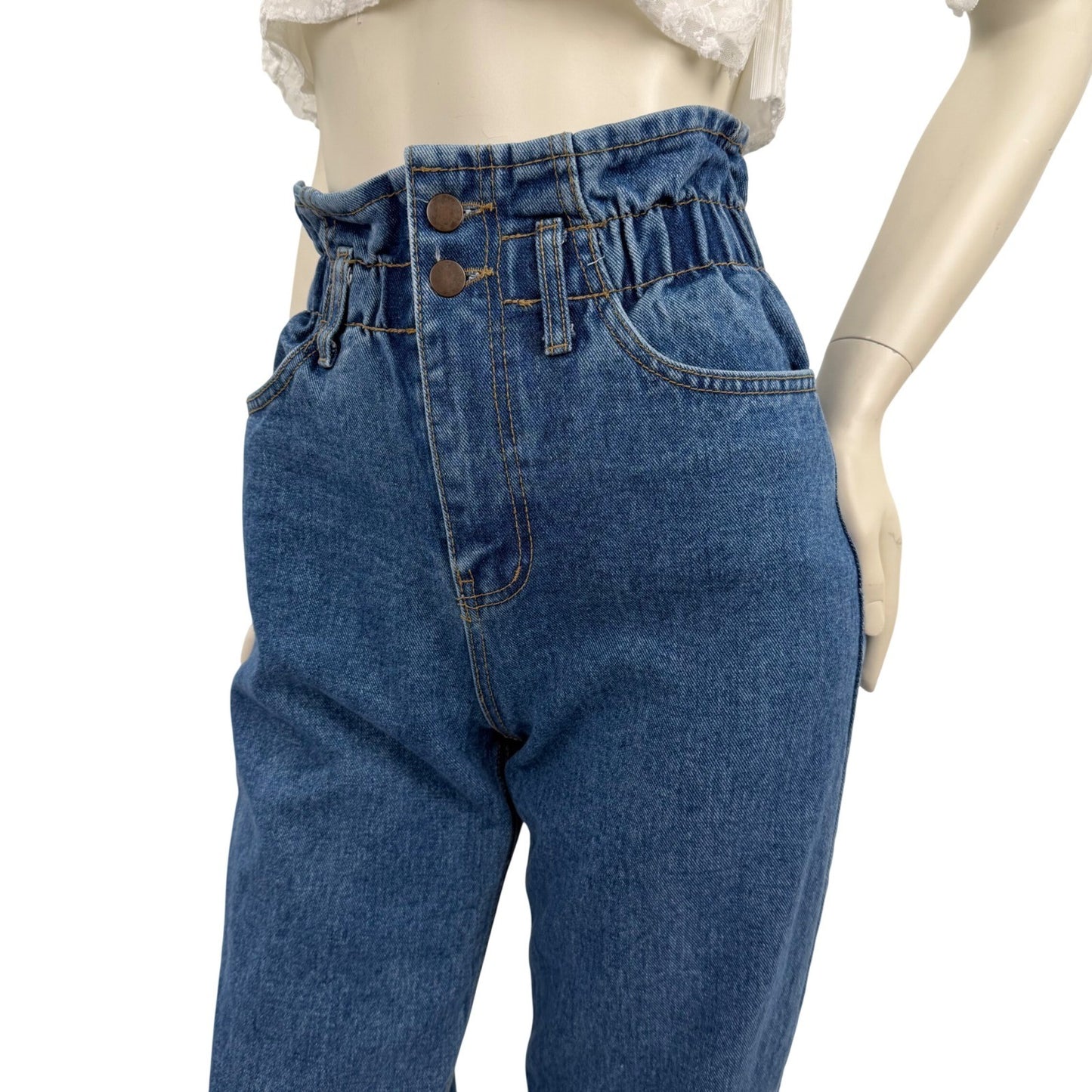 Oak + Fort High Waisted Paperbag Mom Jeans Denim Raw Hem Double Button Sz Small