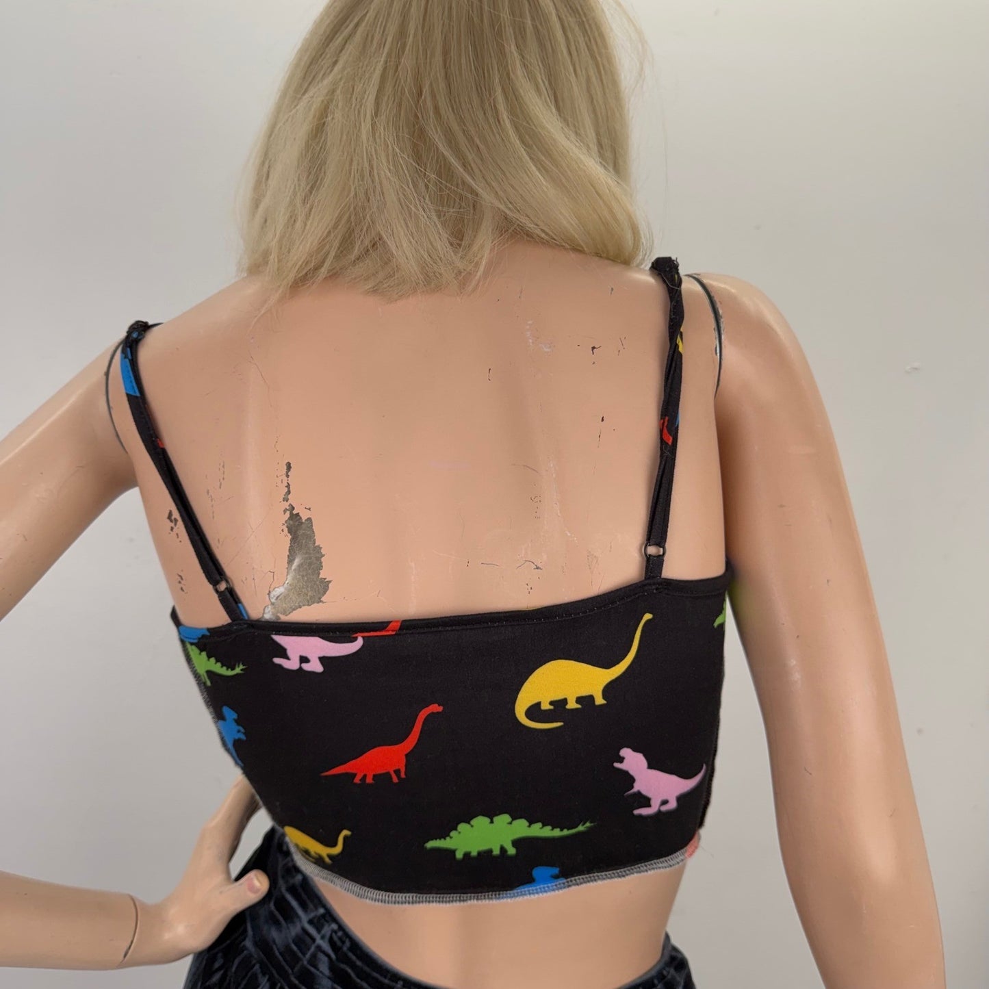 SHEIN Womens Dinosaur Print Black Corset Crop Top Cami Spaghetti Straps Small