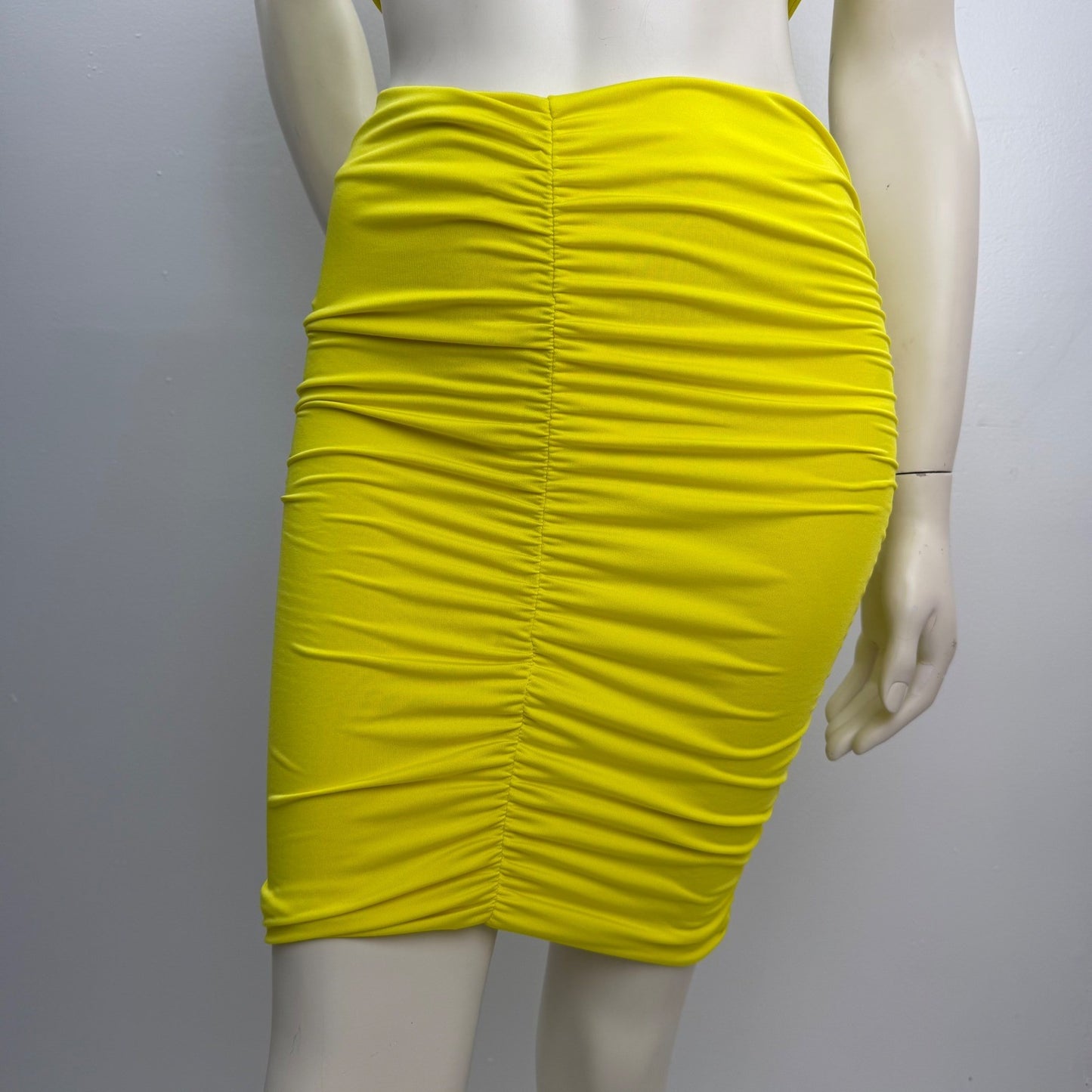 Neon Yellow Body Con Set  + Black Lycra Mini Skirt Club Rave Festival Outfit S