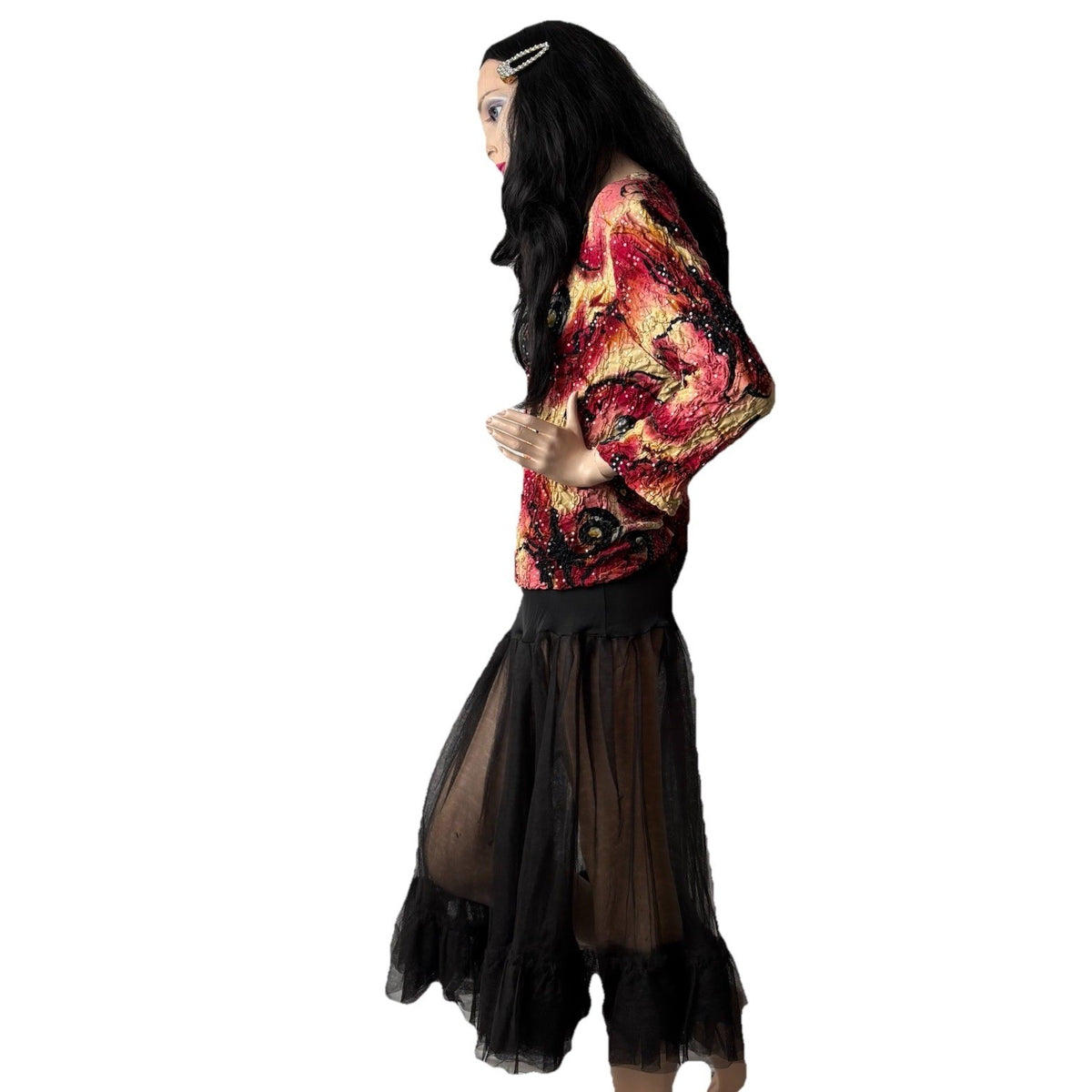 Vintage Handmade Black Red Sequins Crinkle Top OOAK Whimsigoth Witchy Y2K M