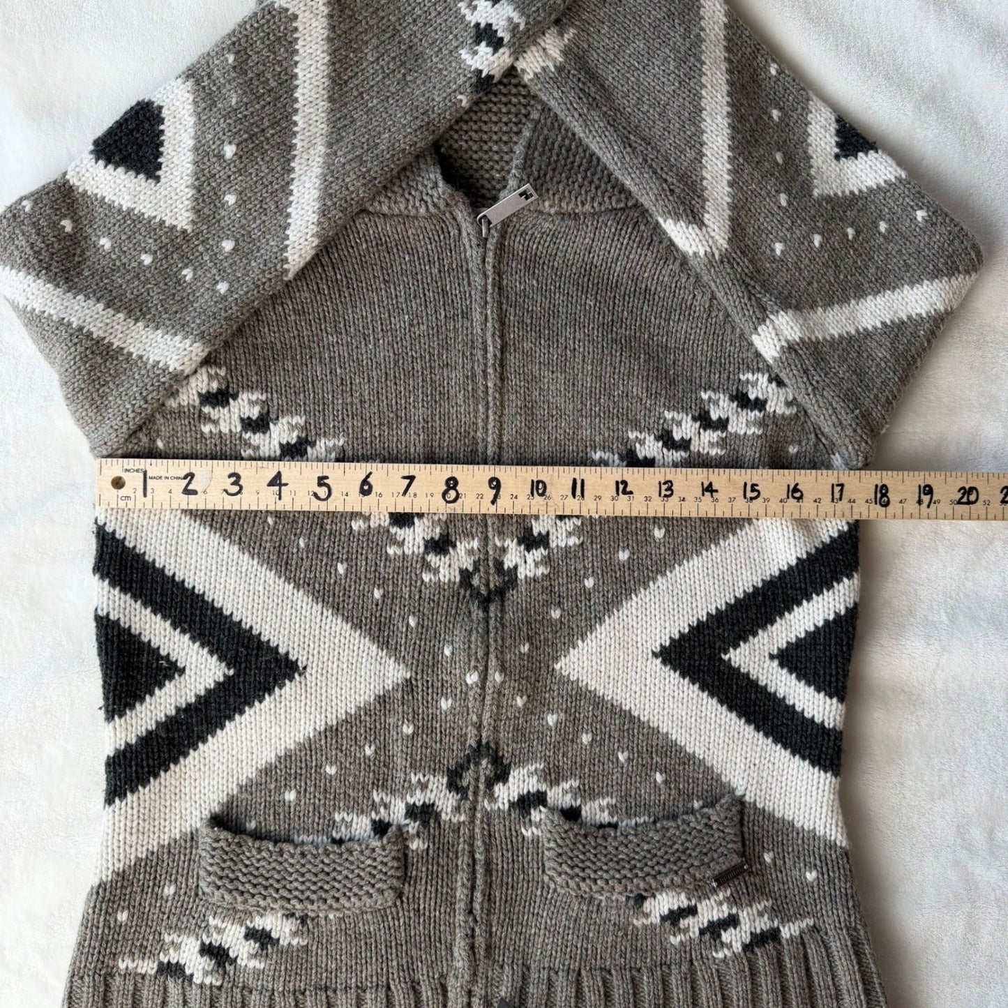 Kismet Zip Up Hooded Cardigan Wool Blend Geometric Cabin Gorpcore Sweater Size M