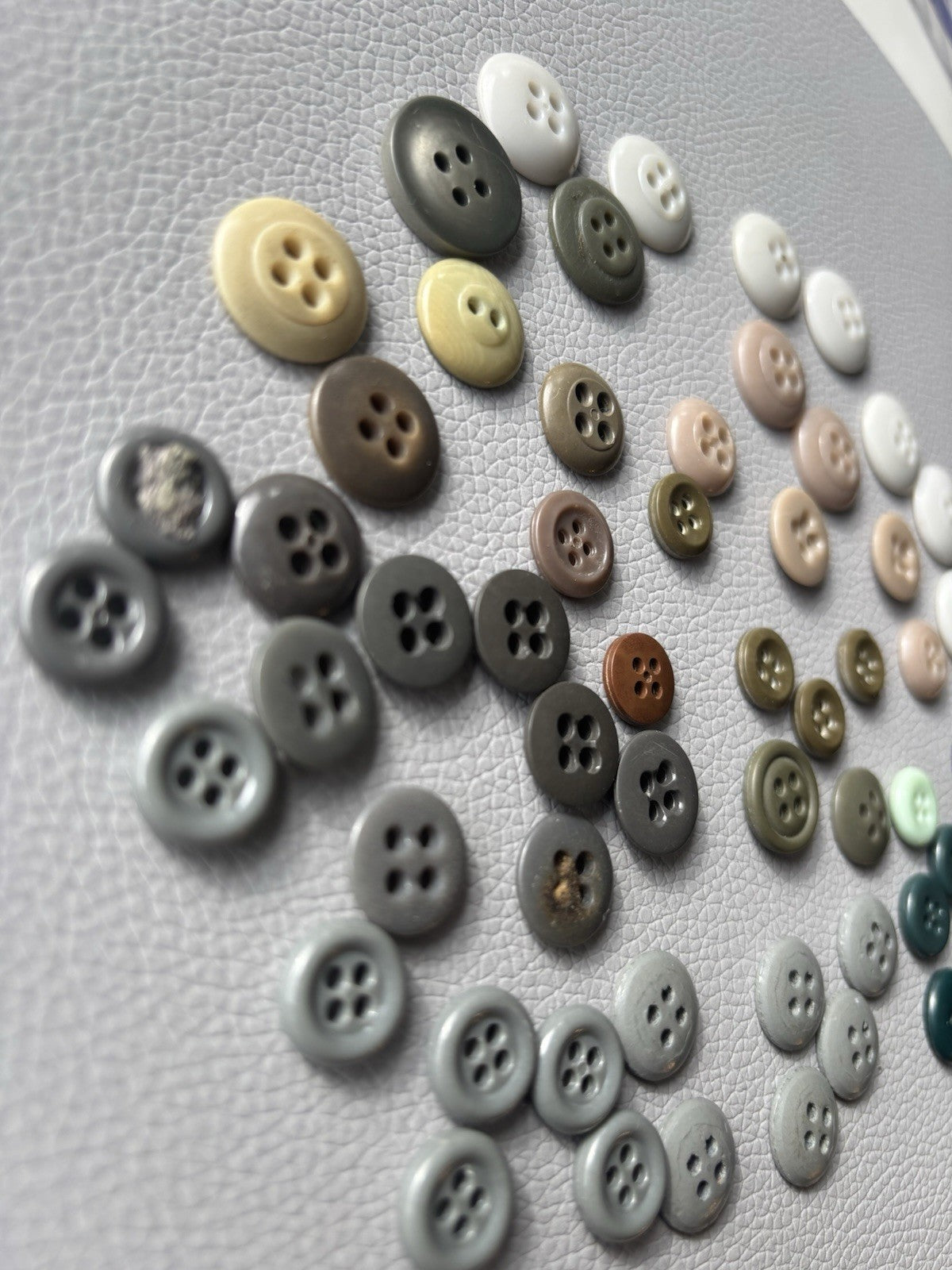 Vintage Button Lot Of 59 Early Plastic Four Hole Buttons Grey Taupe White Brown