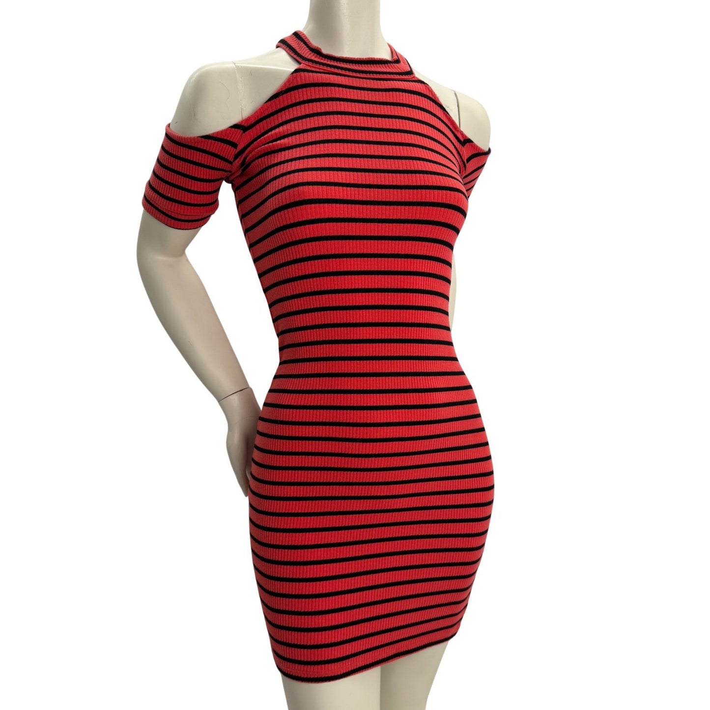 Derek Heart Striped Mini Dress Cold Shoulder Ribbed Bodycon Y2K Streetwear Edgy