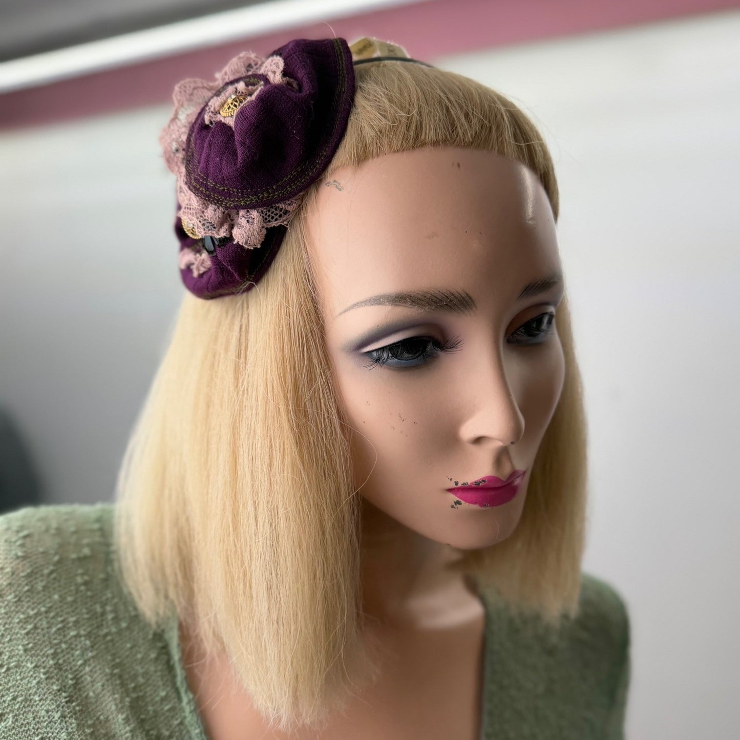 Handmade Fascinator Pillbox Style Purple Lace Feather Victorian Steampunk OS
