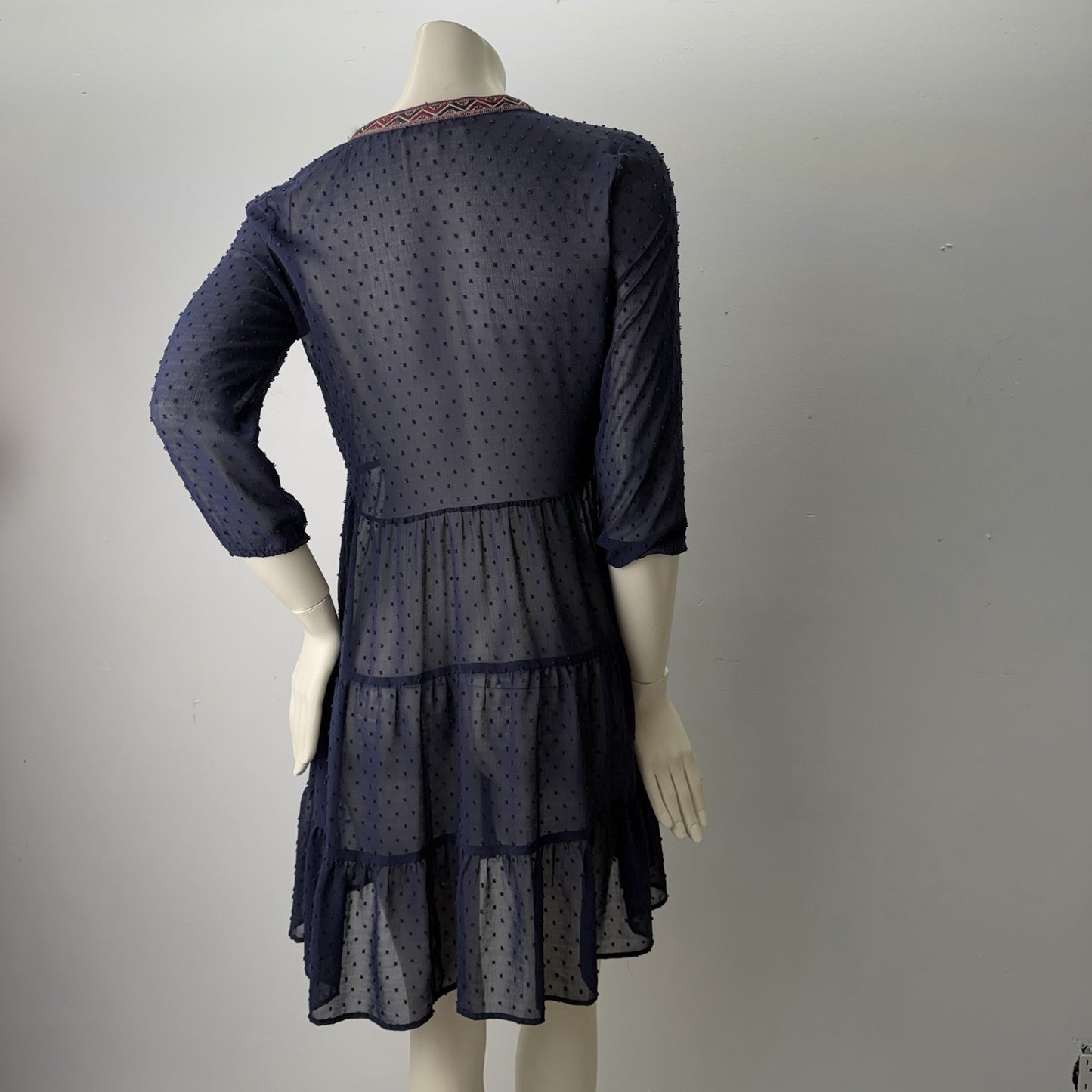 Daniel Rainn Navy Swiss Dot Tiered Dress Boho Embroidered XSmall Coquettecore
