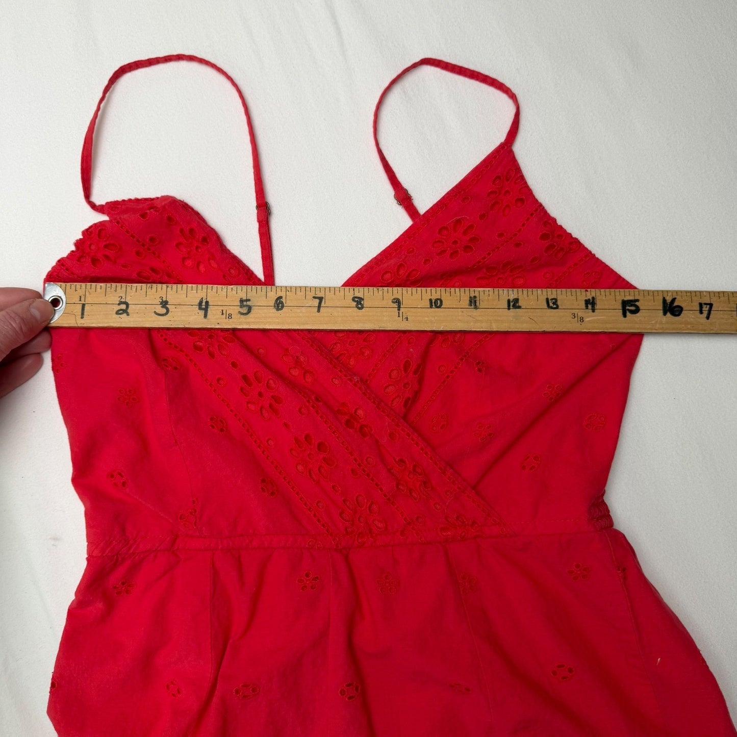 Coral Red Eyelet Embroidered Cotton Romper Smocked Back Boho Festival Country
