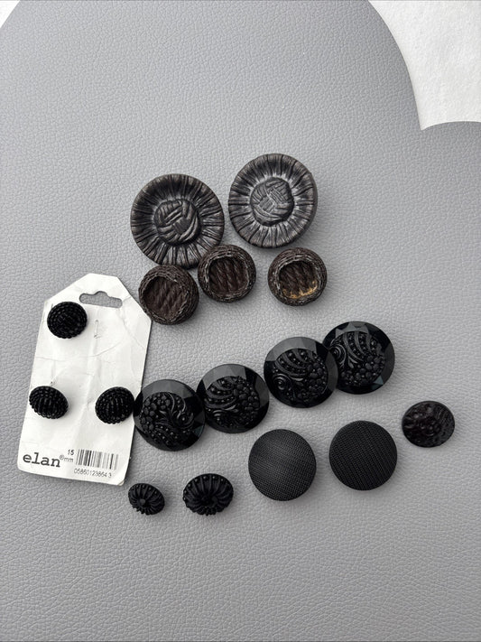 Vintage Black & Brown Button Lot Mixed Textured Carved Resin & Glass Look Design