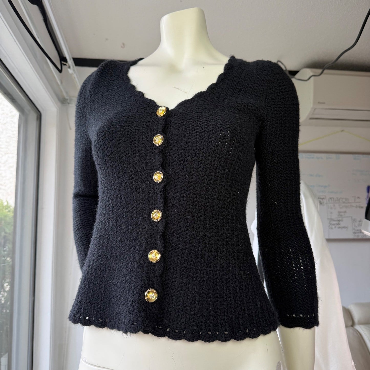 Handmade Vintage Crochet Cardigan Gold Rhinestone Buttons Coquette Black Small