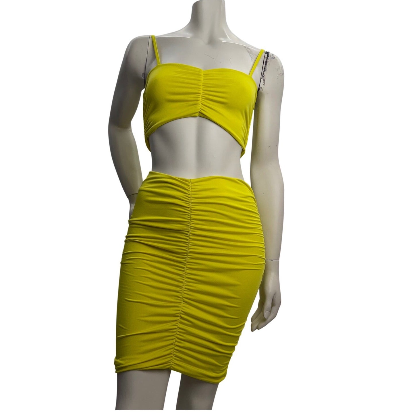 Neon Yellow Body Con Set  + Black Lycra Mini Skirt Club Rave Festival Outfit S
