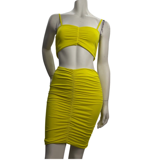 Neon Yellow Body Con Set  + Black Lycra Mini Skirt Club Rave Festival Outfit S