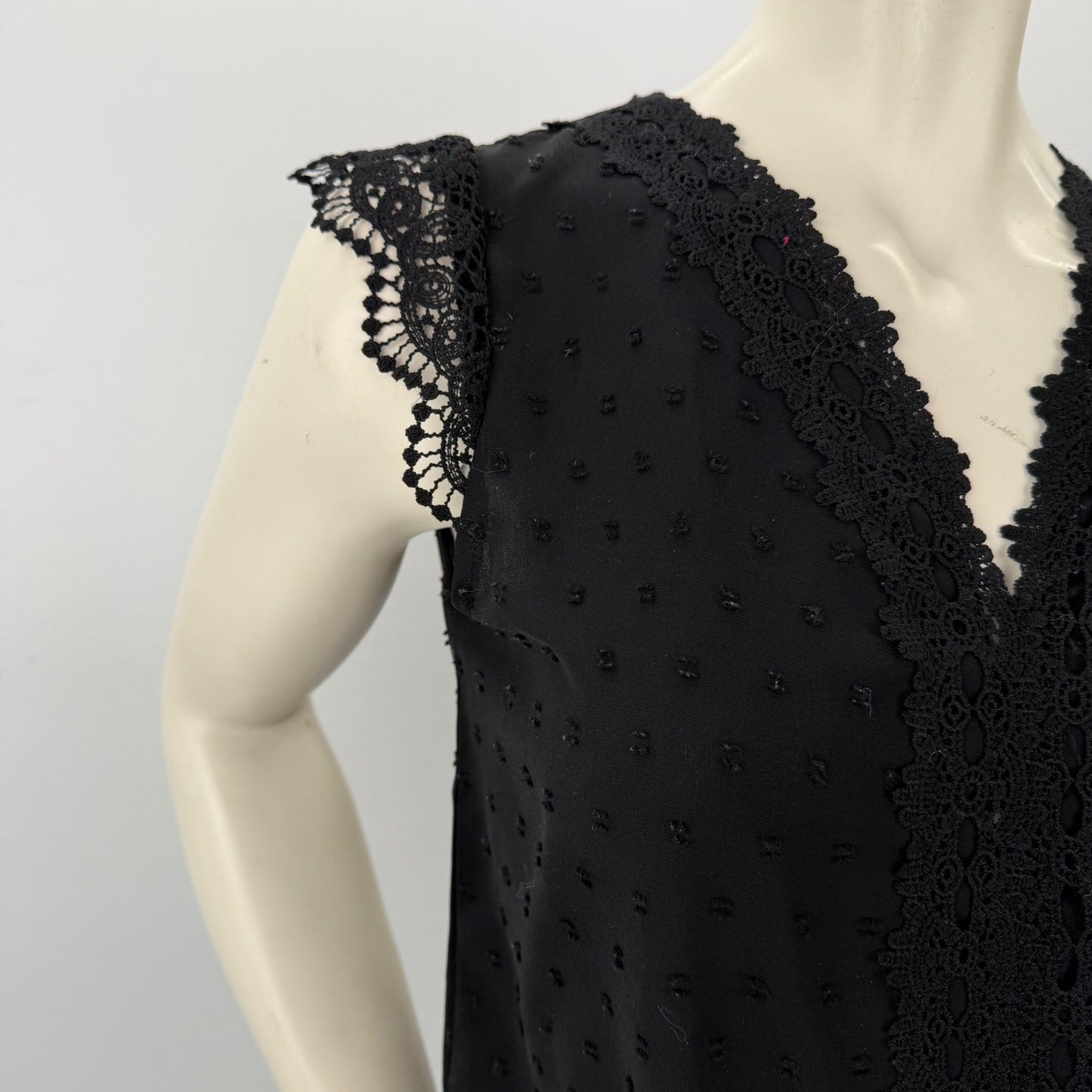 Women Black Sleeveless Blouse Swiss Dot Lace Trim Small Victorian Dark Academia