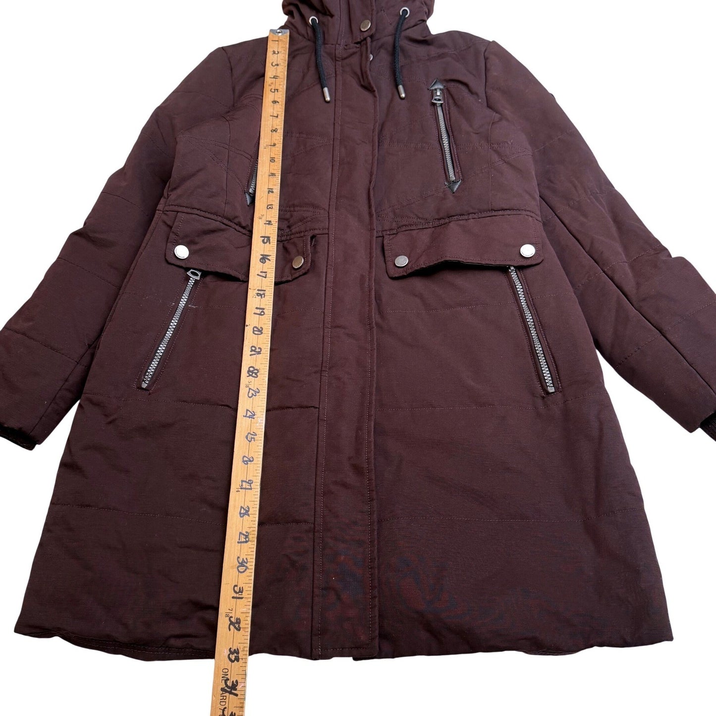 Lucky Brand Quilted Hooded Parka Jacket Burgundy Full Zip Pockets Womens Medium