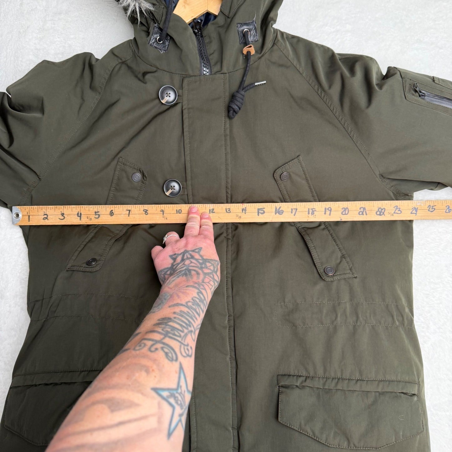 George Parka Jacket Olive Green Faux Fur Hood Military Utility Gorpcore Medium