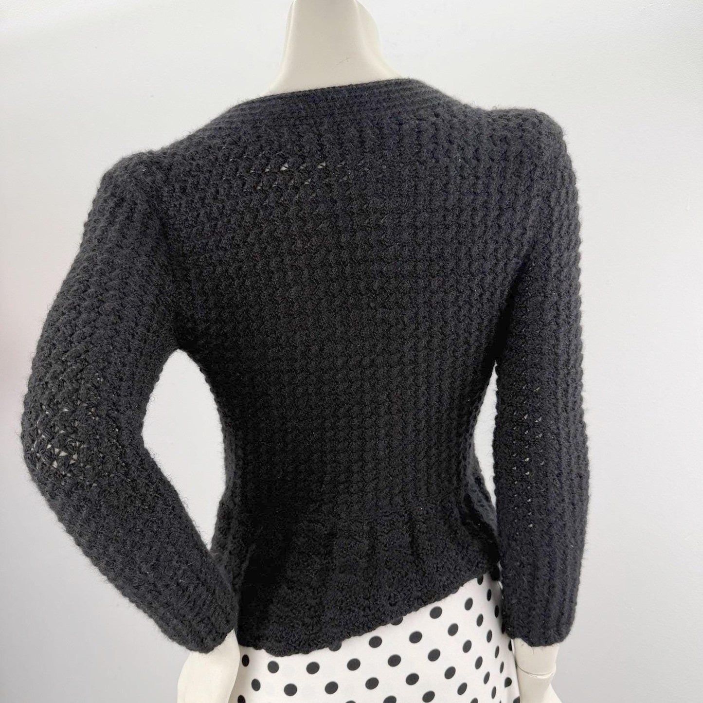 Vintage Black Fuzzy V-Neck Handmade Cardigan Peplum Yellow Flower Buttons Medium