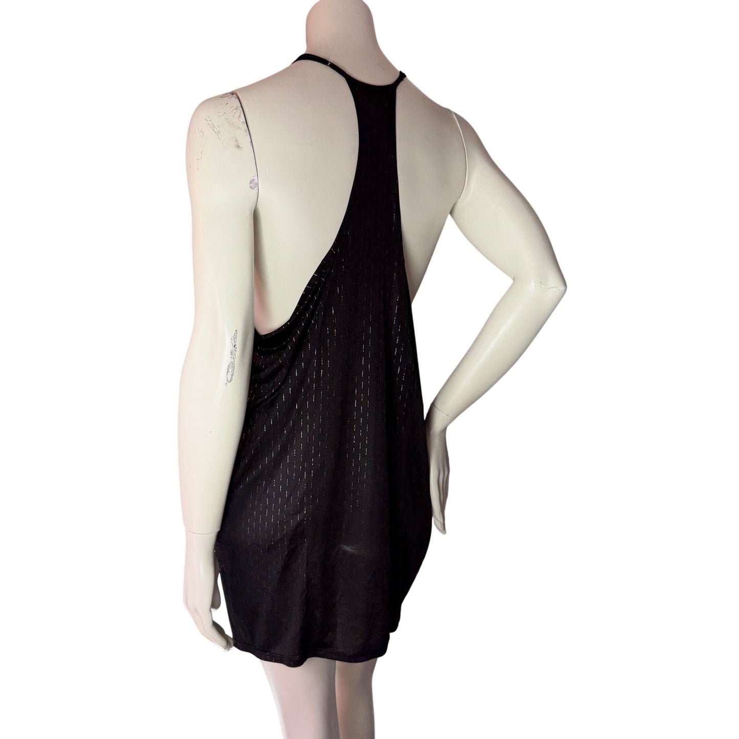 LUX Mini Dress Black Metallic Pinstripe Draped Racerback Y2K Disco Party Small