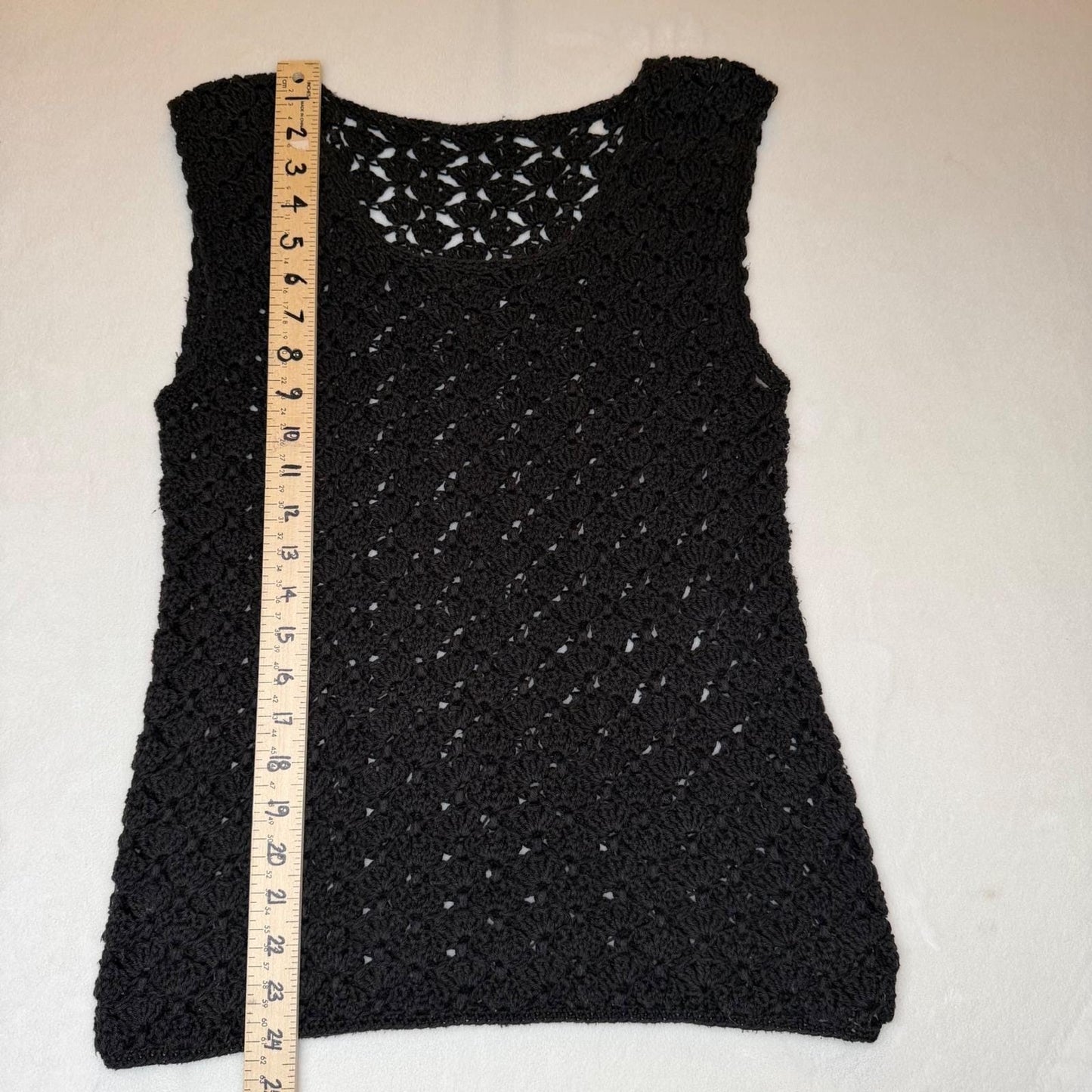 Vintage Crochet Tank Top Black Open Knit Shell Stitch Boho Parisian Chic Small