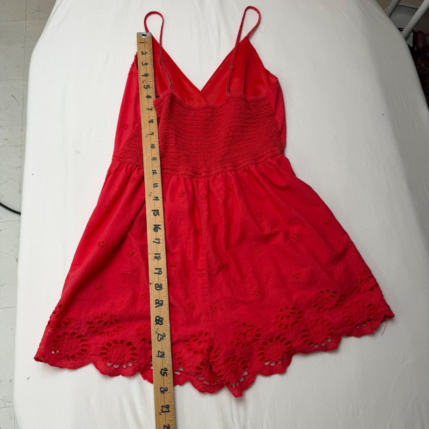 Coral Red Eyelet Embroidered Cotton Romper Smocked Back Boho Festival Country