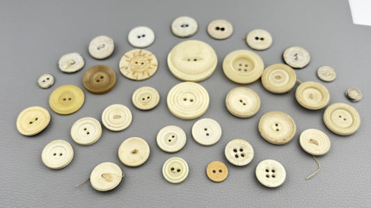 Antique Casein + Fabric Buttons Lot – Natural Ivory Beige Mix ~35pcs Early 1900s