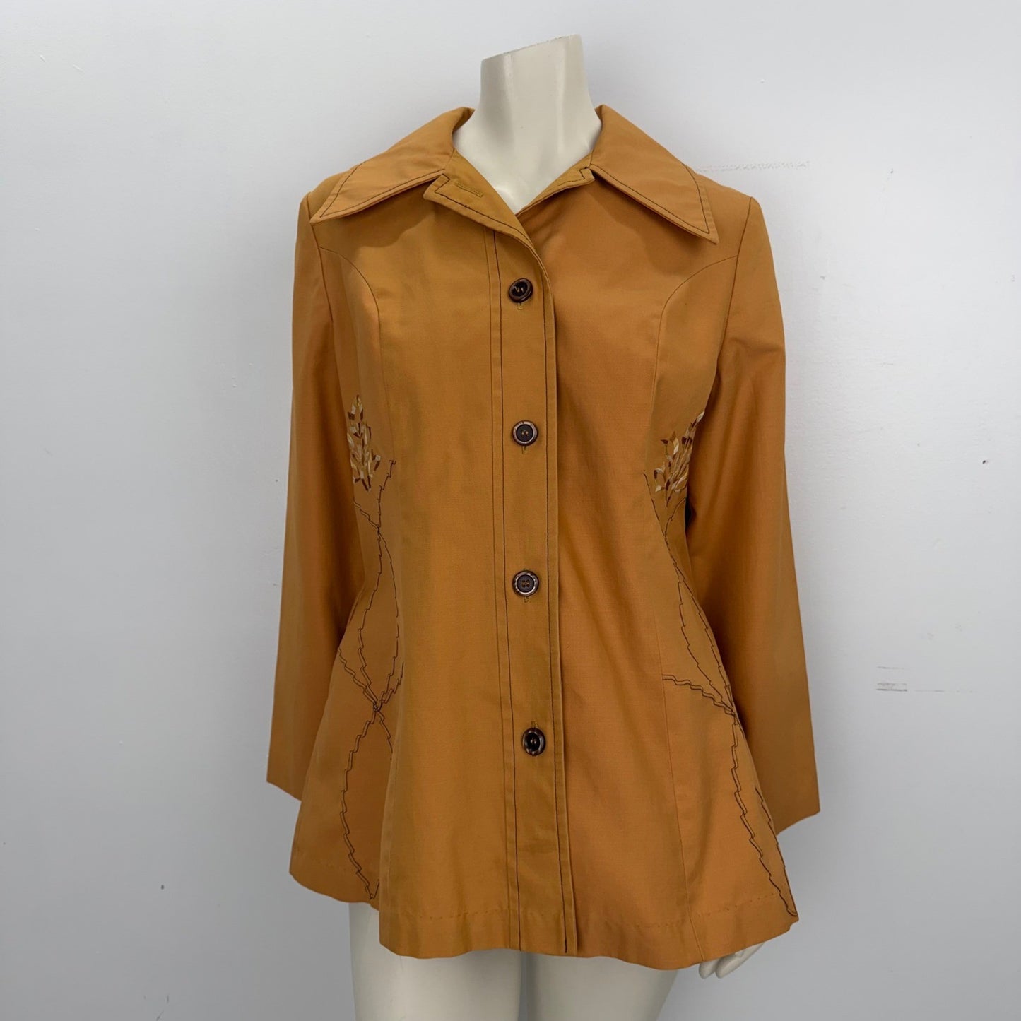 Vintage 70s Mustard Yellow Embroidered Button Up Jacket Pointed Collar Retro