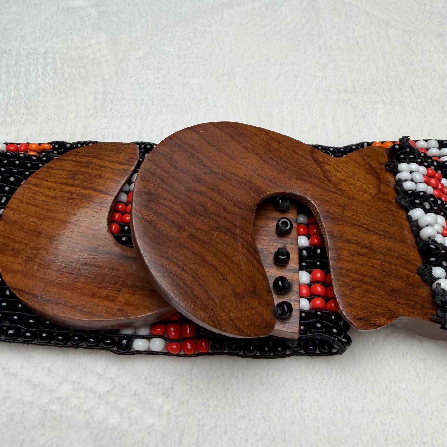 Vintage Beaded Belt Geometric Wood Hook Buckle Boho Southwestern Black OS