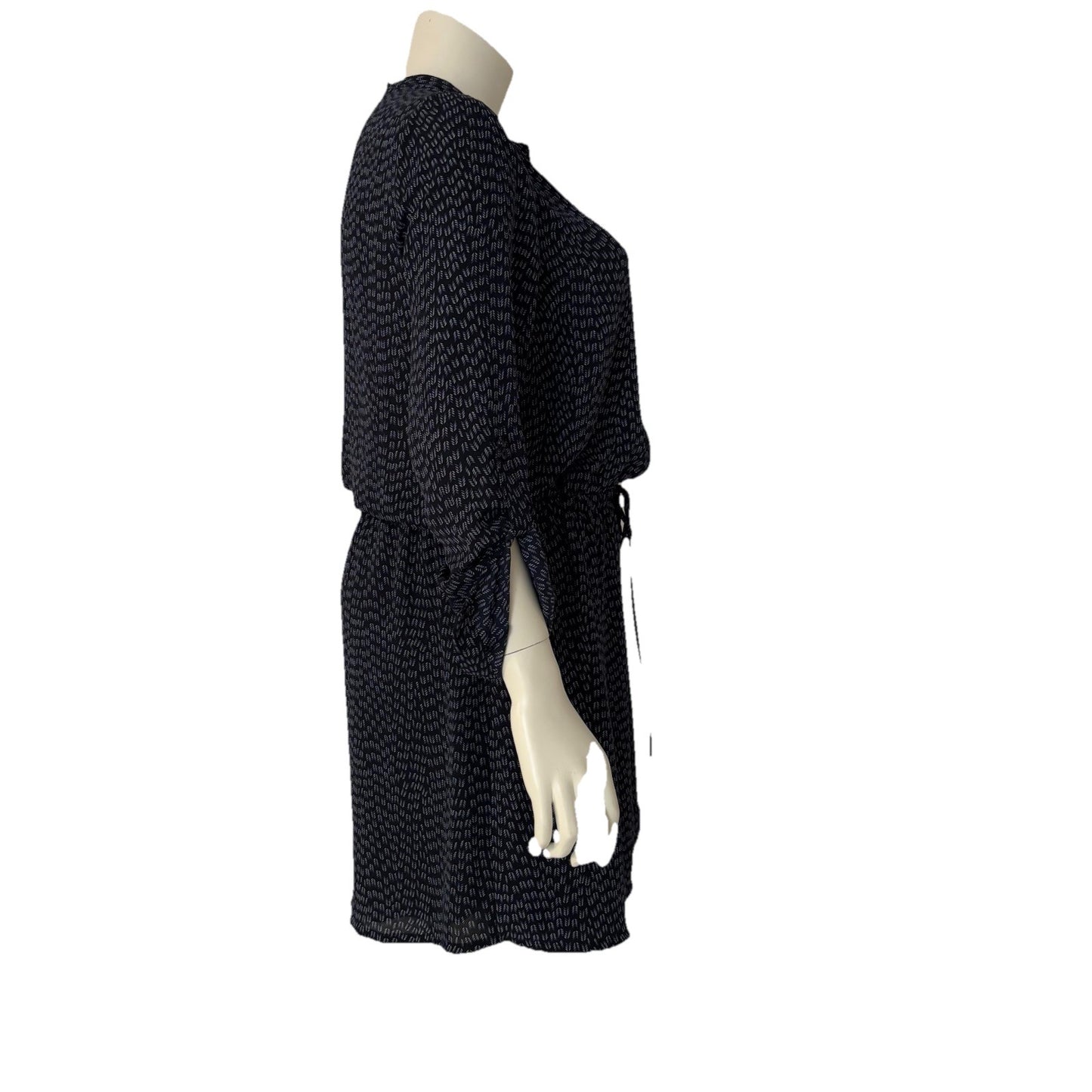 Hilary Radley Navy Print Dress Sz  Lrg Roll Tab Sleeve Drawstring Waist Casual