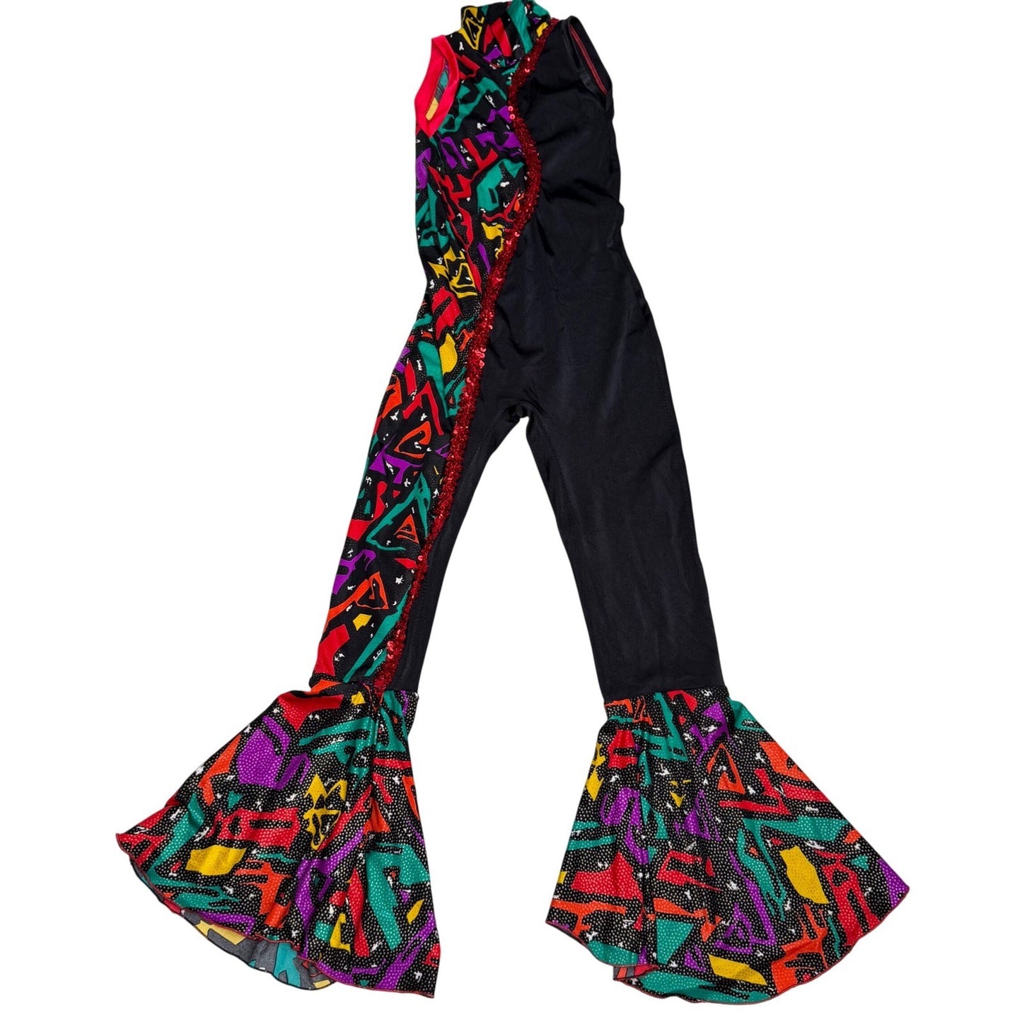 Handmade Dance Jumpsuit Neon Geometric Bell Bottom Sequin Retro 90s Youth Small
