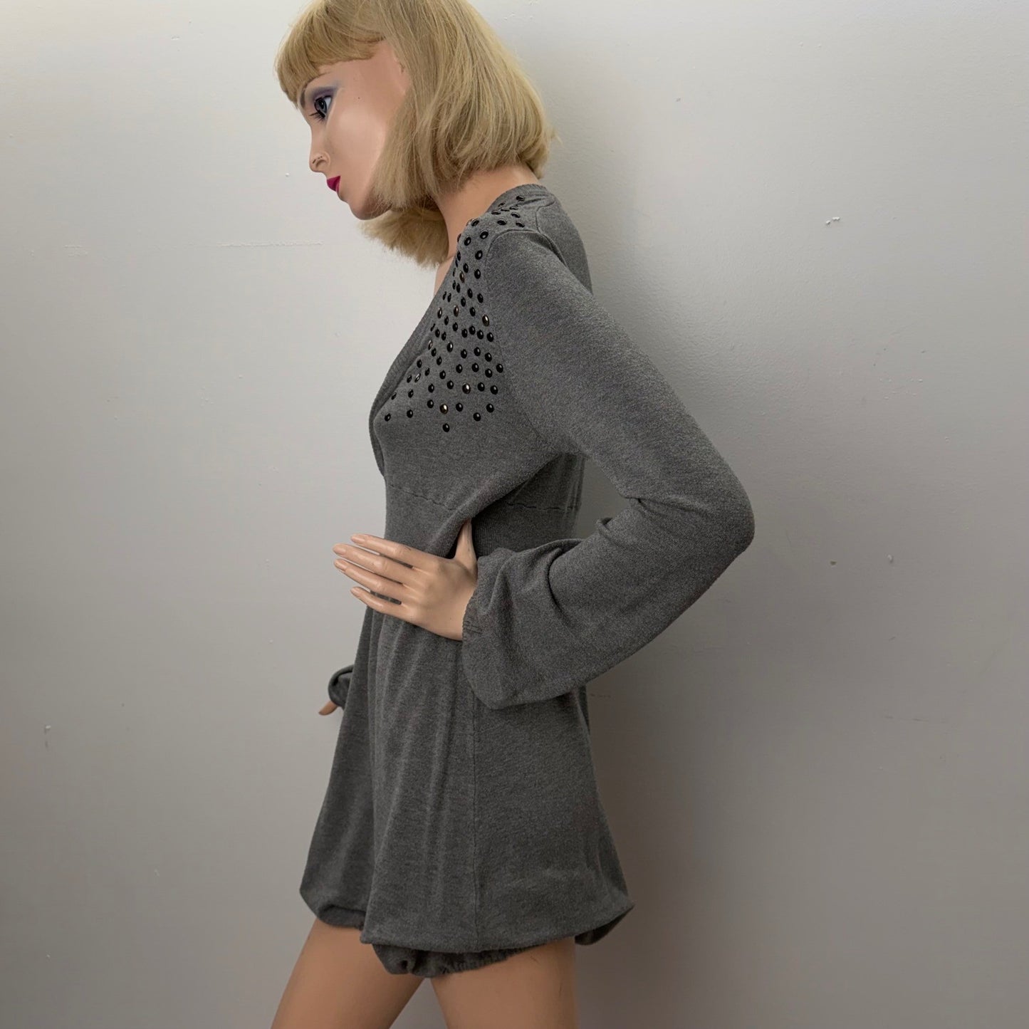 Danny Be Grey Studded Tunic Dress Balloon Sleeve Empire Waist Y2K Indie Sleeze