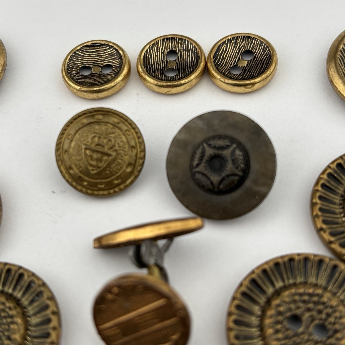 Vintage Brass Button Lot – Etched, Textured & Crest Designs in Bronze Tones, 24