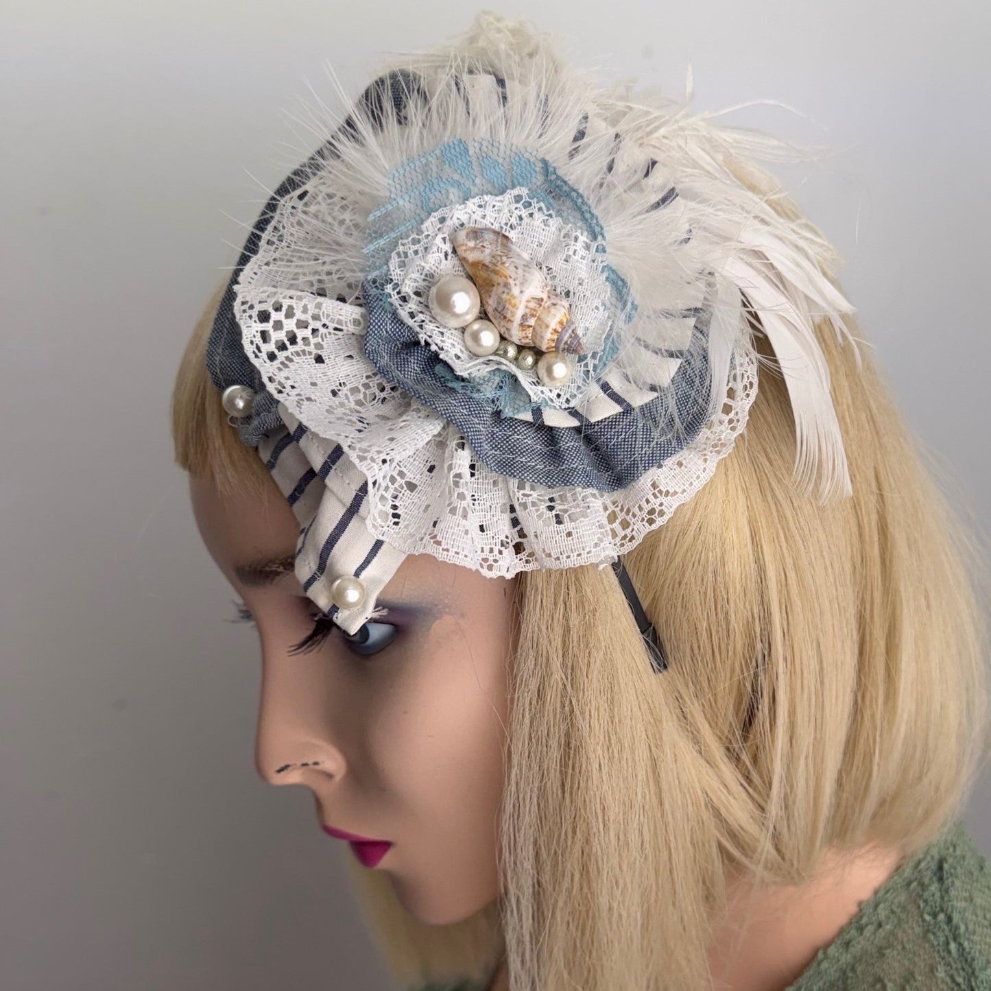 Handmade Nautical Fascinator Headband Seashell Pearl Lace Mermaidcore Blue OS