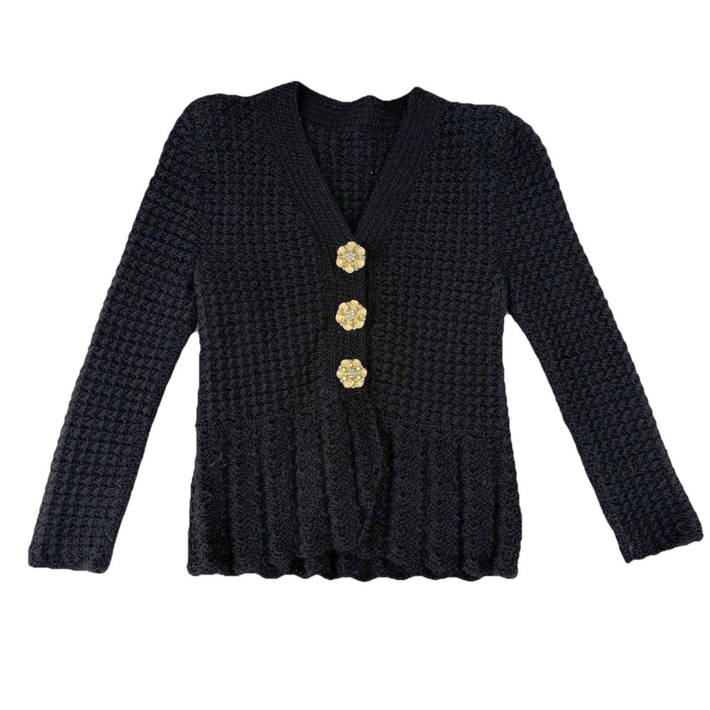 Vintage Black Fuzzy V-Neck Handmade Cardigan Peplum Yellow Flower Buttons Medium