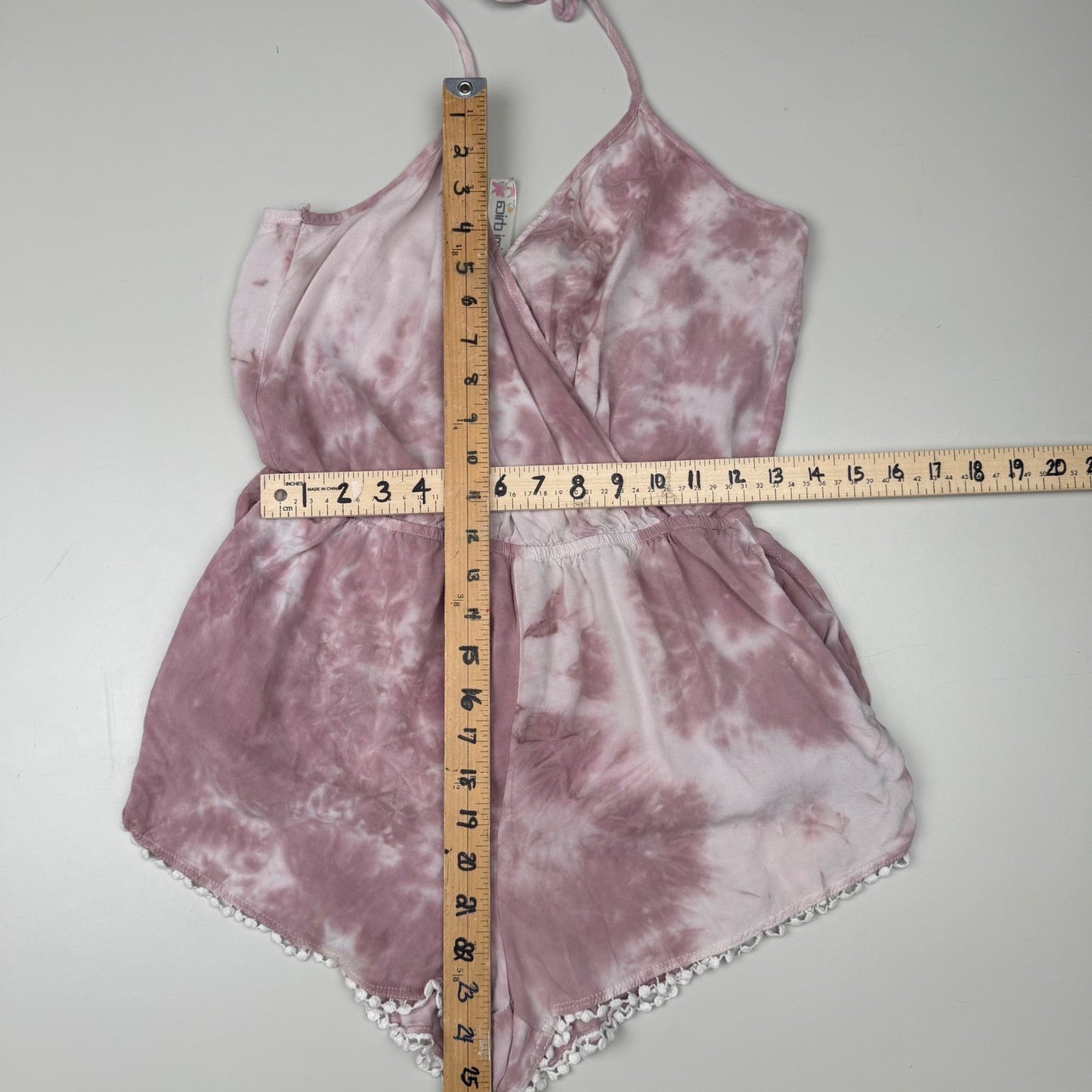 Mimi Chica Romper Tie Dye Halter Pom Pom Trim Boho Festival Mauve Large