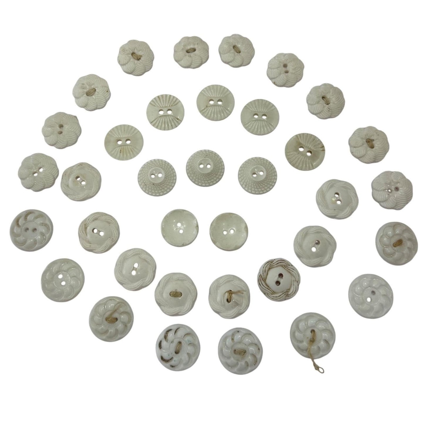 Antique Milk Glass Buttons Mixed Lot Floral Sunburst Victorian White 2Hole 36pc