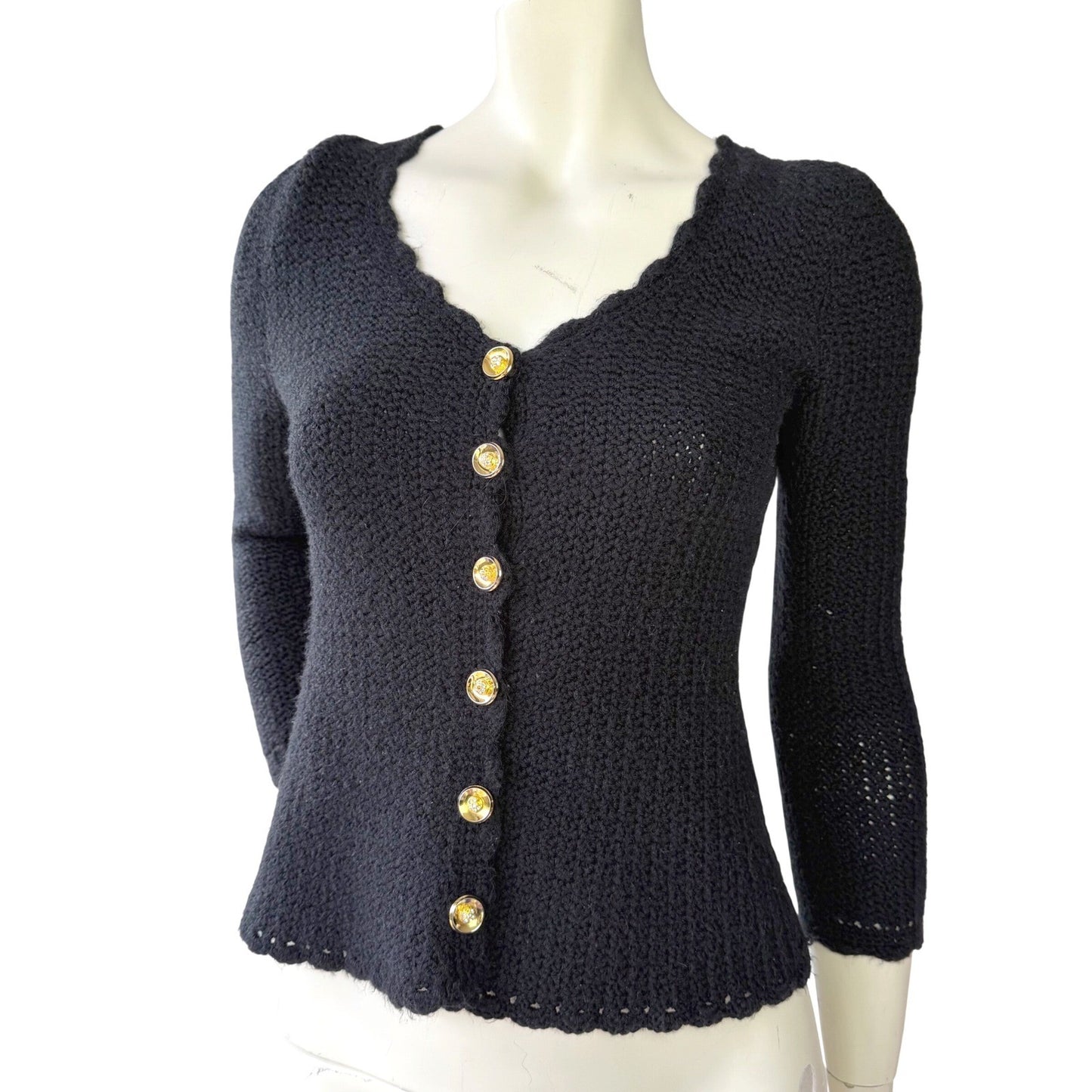 Handmade Vintage Crochet Cardigan Gold Rhinestone Buttons Coquette Black Small