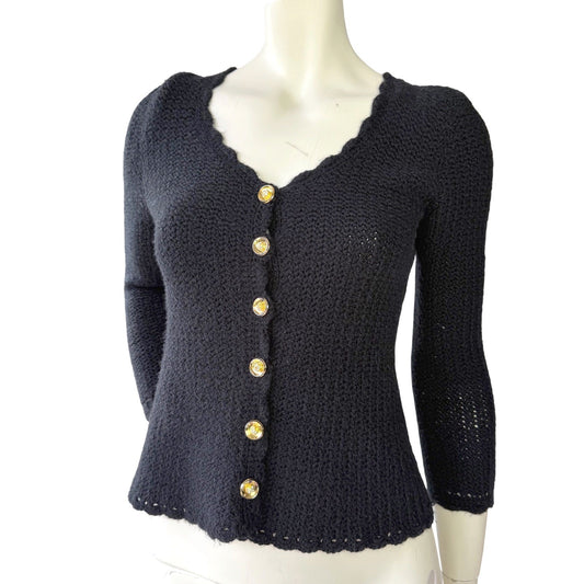 Handmade Vintage Crochet Cardigan Gold Rhinestone Buttons Coquette Black Small