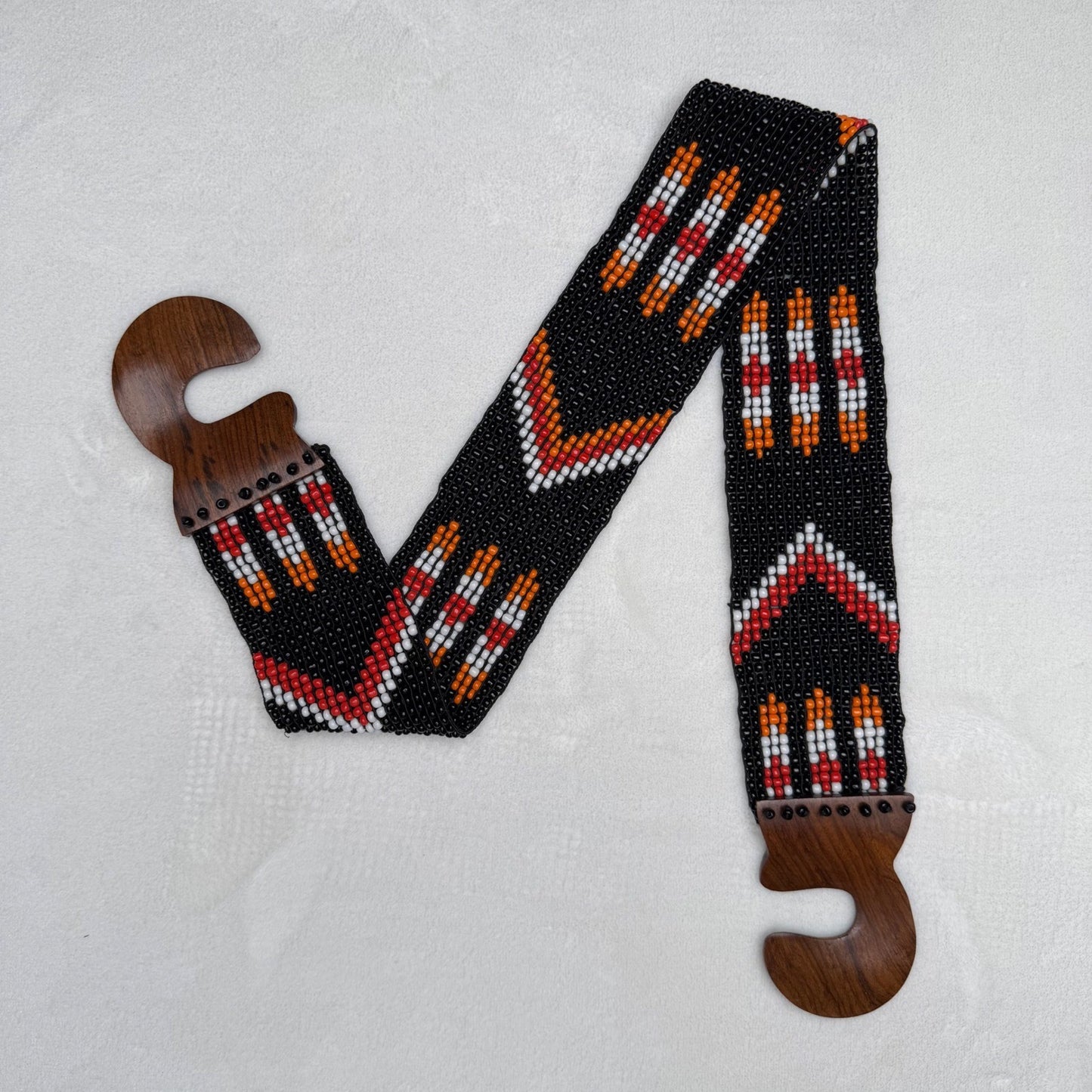 Vintage Beaded Belt Geometric Wood Hook Buckle Boho Southwestern Black OS