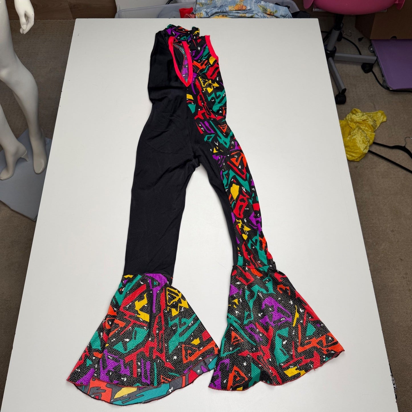 Handmade Dance Jumpsuit Neon Geometric Bell Bottom Sequin Retro 90s Youth Small