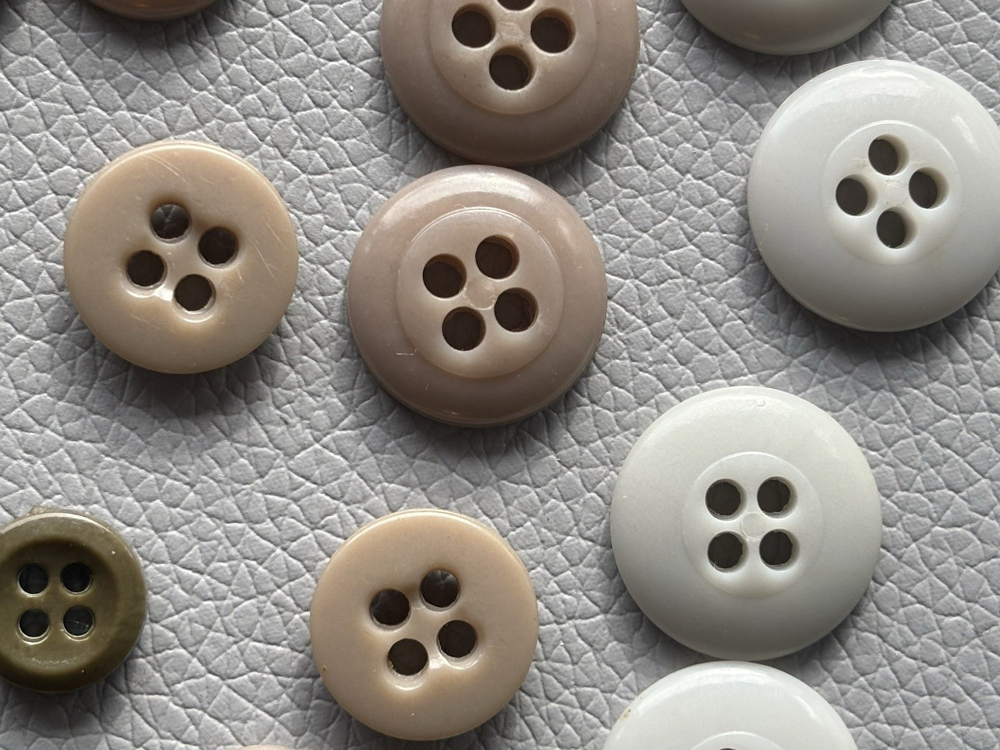 Vintage Button Lot Of 59 Early Plastic Four Hole Buttons Grey Taupe White Brown