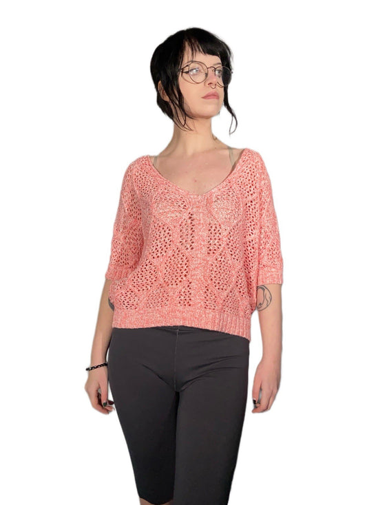Pink Open Knit Cropped Sweater Top One Size Oversized Short Sleeve Cottagecore