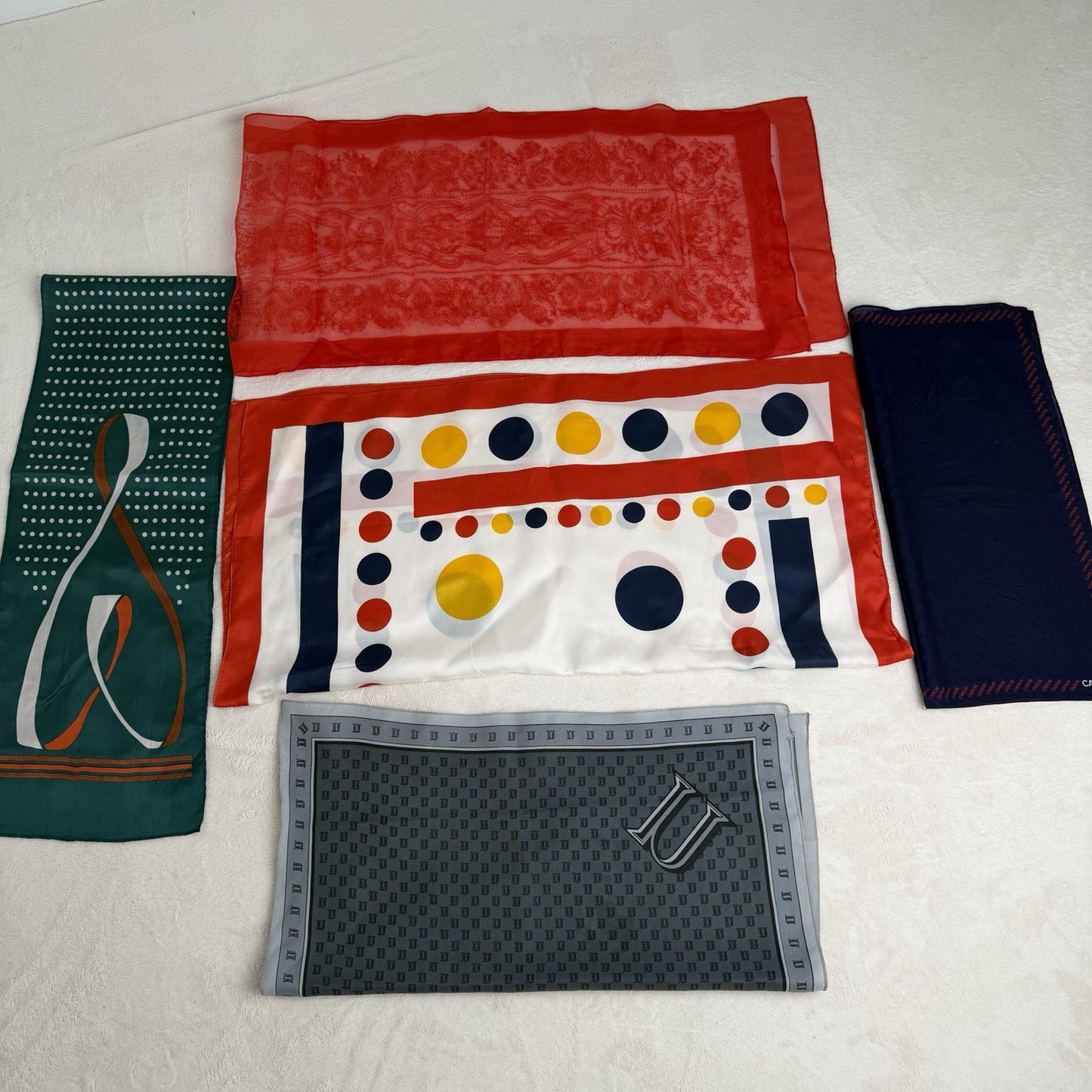 Designer Style Scarf Lot Caron Paris Geometric Polka Dot Non Silk Scarves Retro