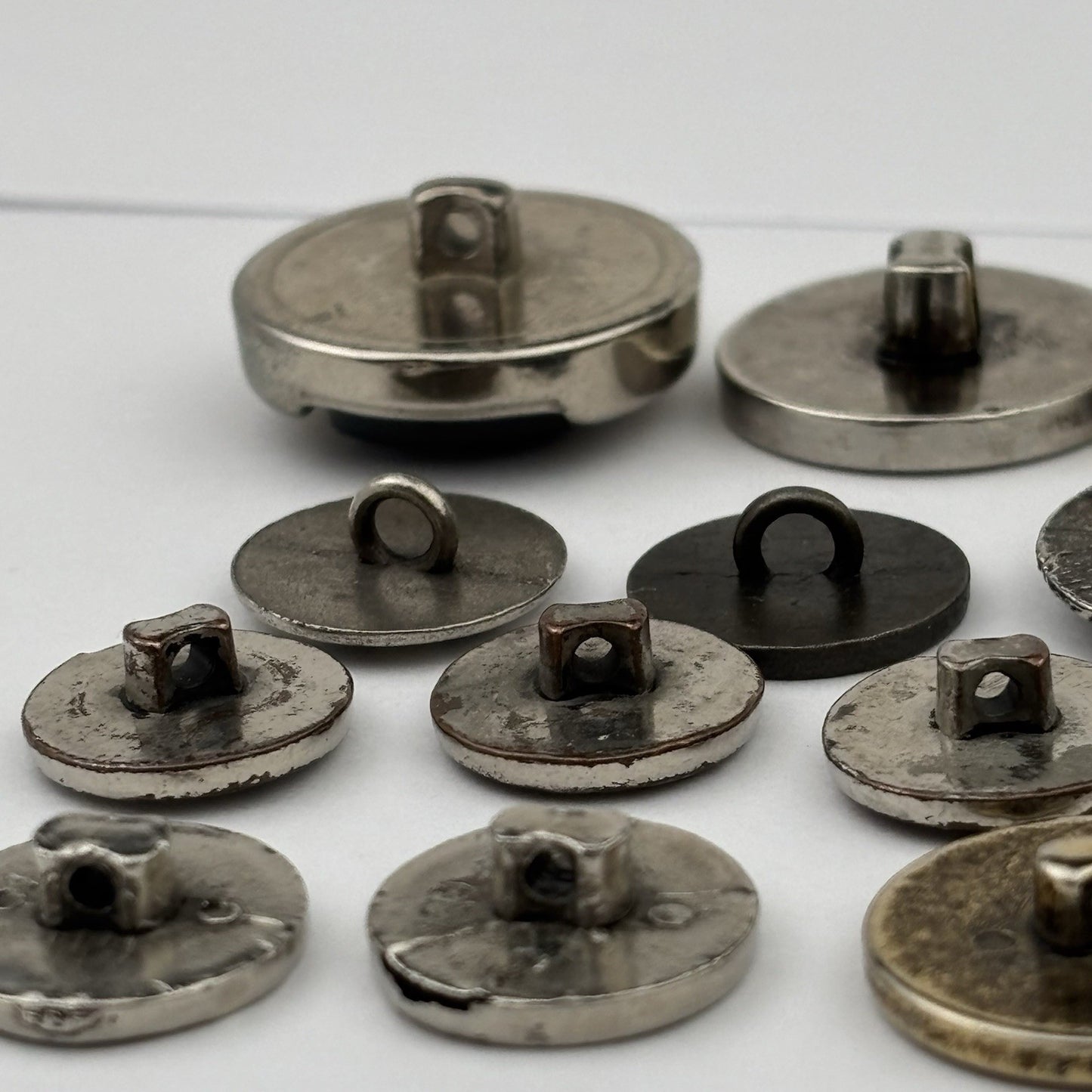 Vintage Silver & Black Button Lot – Crest, Textured, Enamel, and Etched Mix, 20