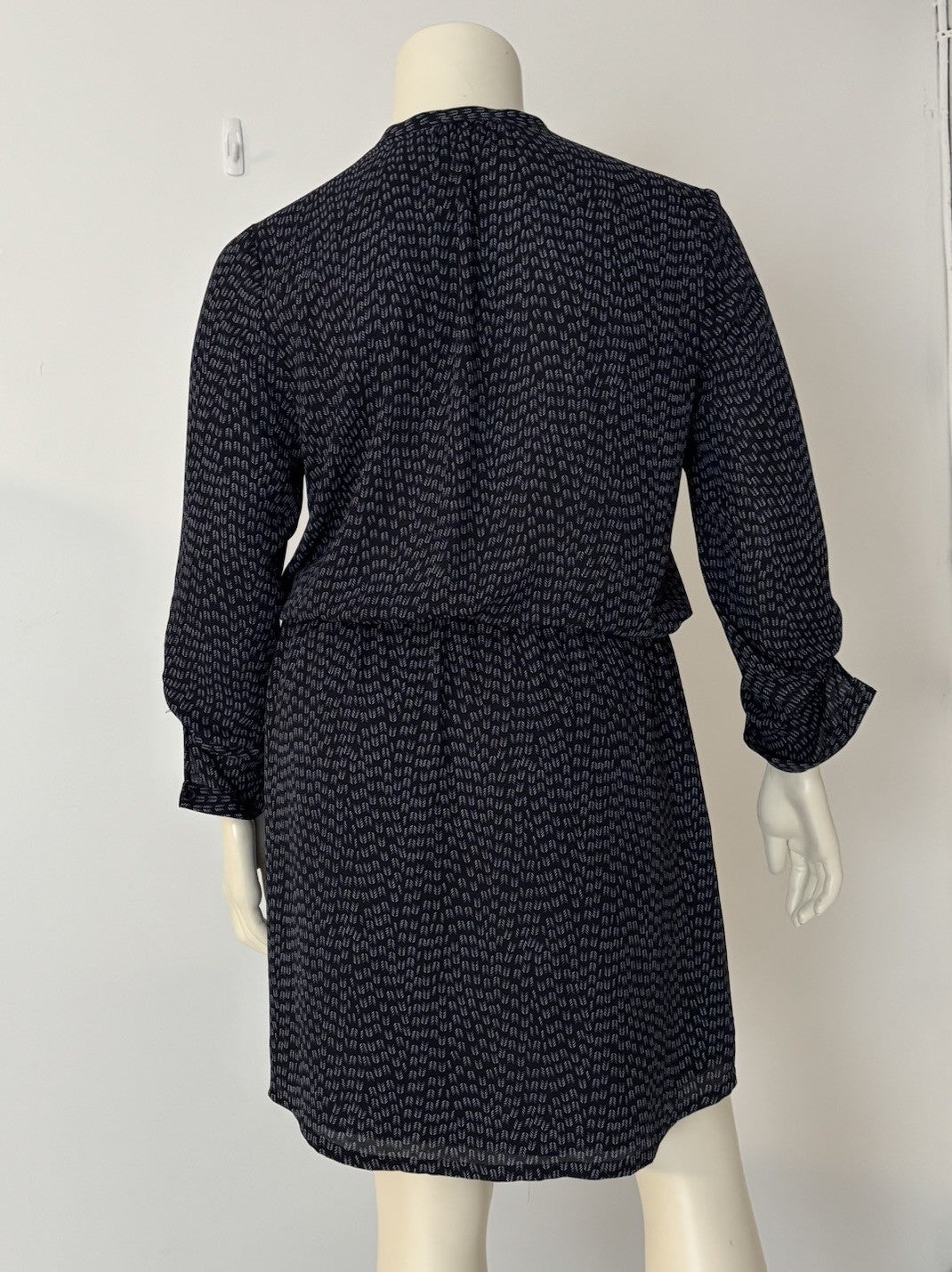 Hilary Radley Navy Print Dress Sz  Lrg Roll Tab Sleeve Drawstring Waist Casual