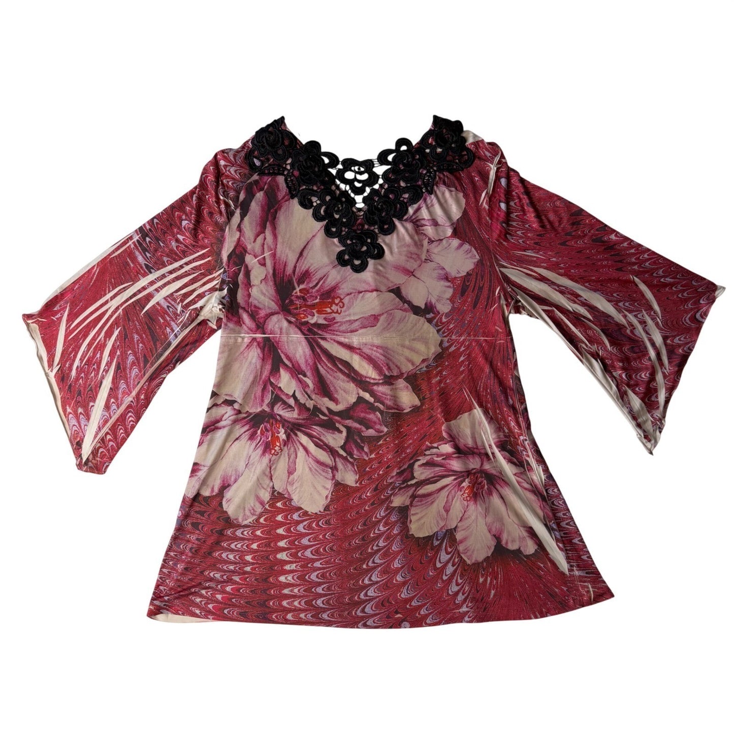 Style & Co Petite Floral Print Top Blouse Bell Sleeve Crochet Lace Boho Y2K  PL
